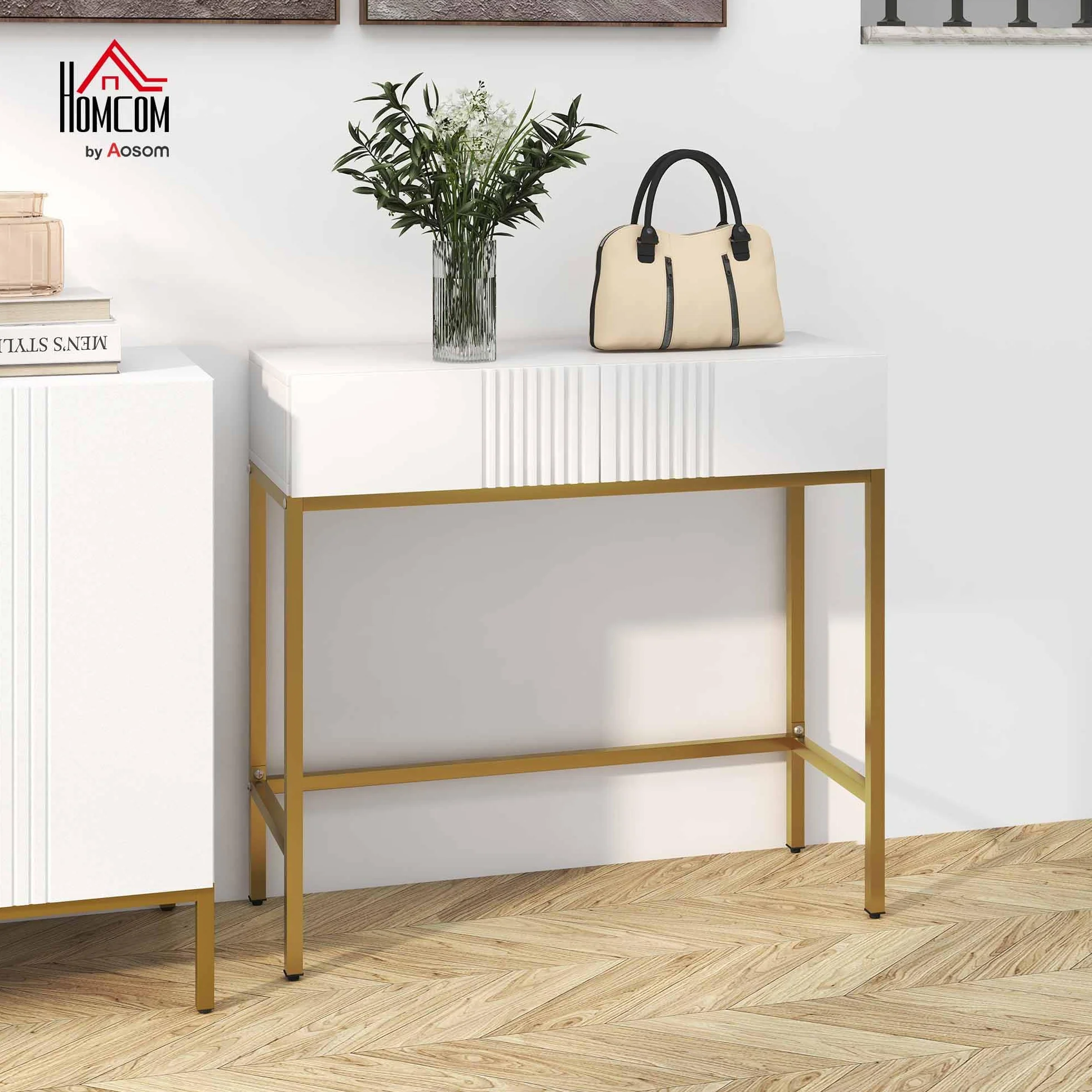 HOMCOM Mesa Consola Moderna Mesa de Entrada con 2 Cajones y Patas de Acero Dorada Antivuelco Mueble de Recibidor para Salón Pasillo 80x31,5x75 cm Blanco