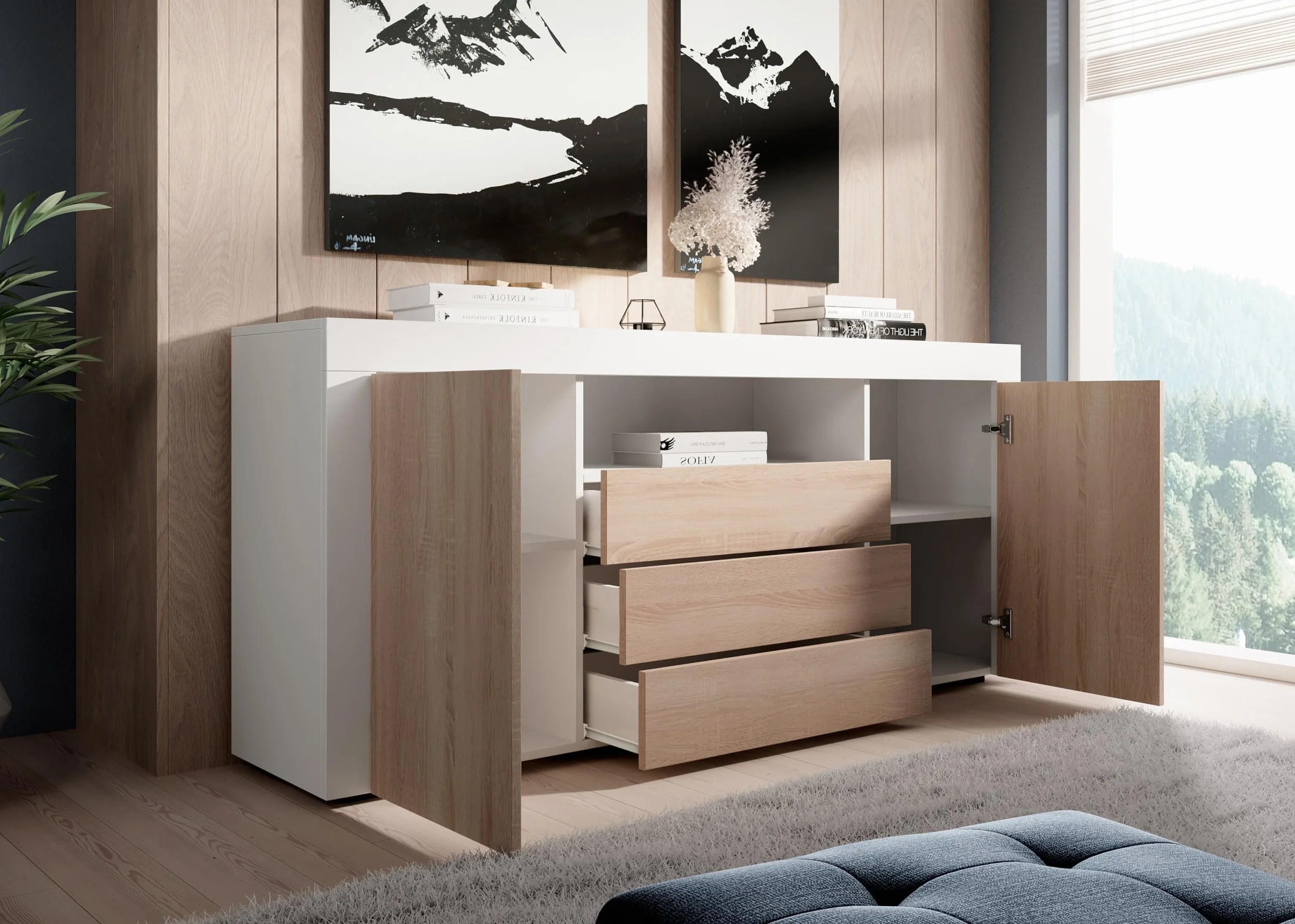 MB Muebles Bonitos | Aparador con Puertas y cajones Yanis para Salón Comedor Moderno | Melamina Mate | Color Blanco y Sonoma | 160x72x35 cm