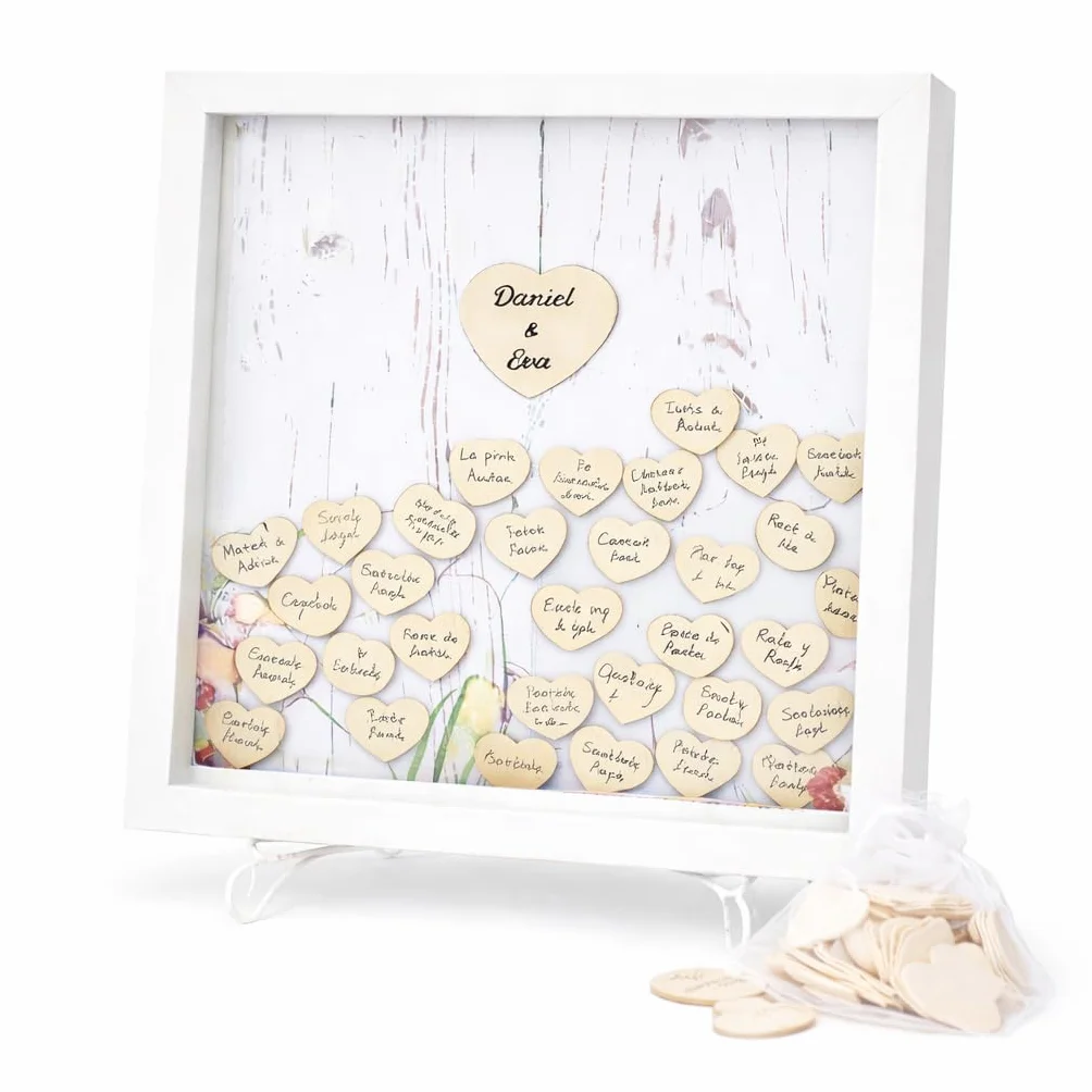 Didart Handmade Libro de visitas Boda. Firma Invitados, Tamaño 36 x 36 cm.80 Corazones Boda, Comunión, Bautizo. Marco de Madera blanco con Soporte de Hierro