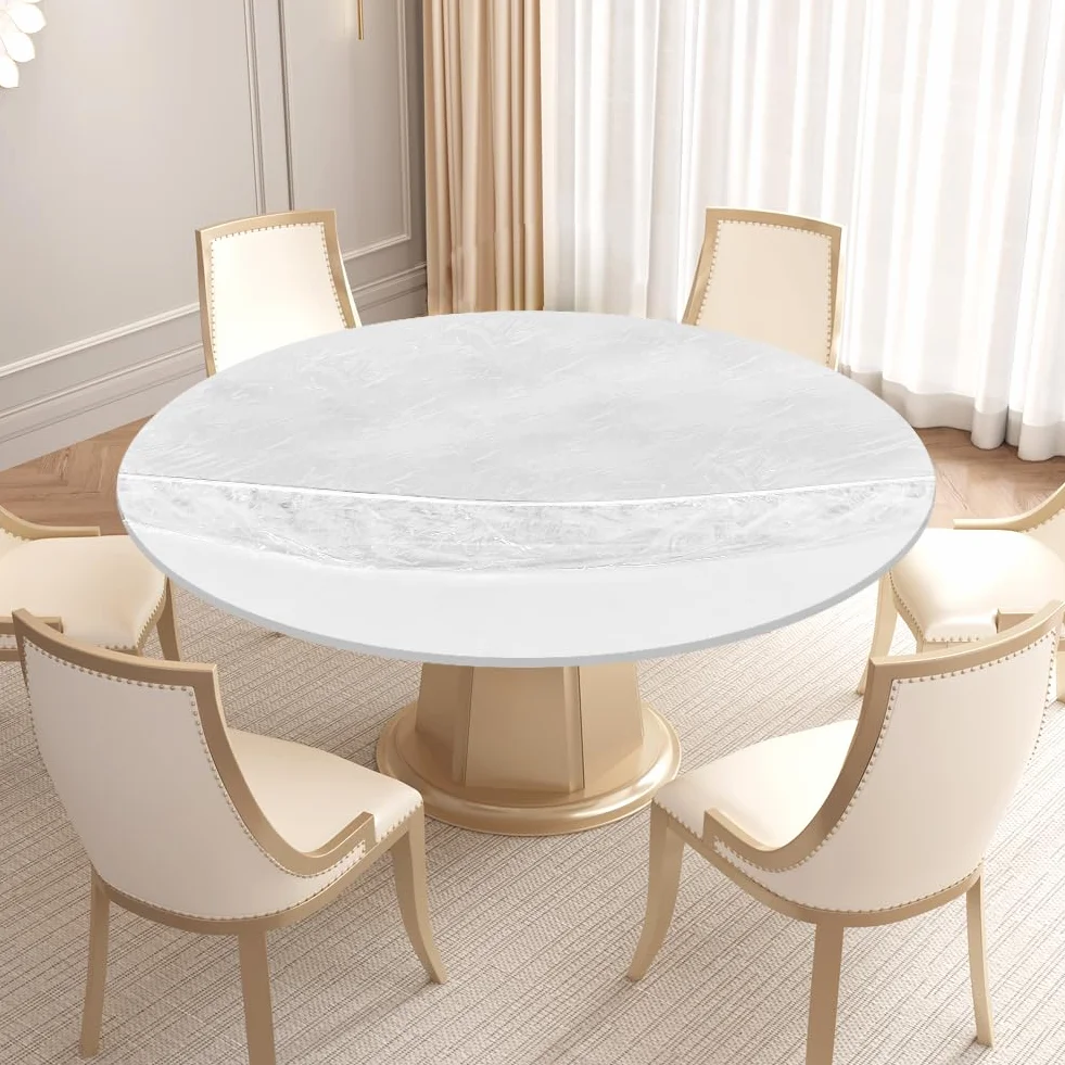 Mantel plastificado transparente de 48 pulgadas, redondo, 90-110 cm, beige, impermeable, para mesa, jardín, balcón, terraza, boda, Pascua, fiesta, primavera