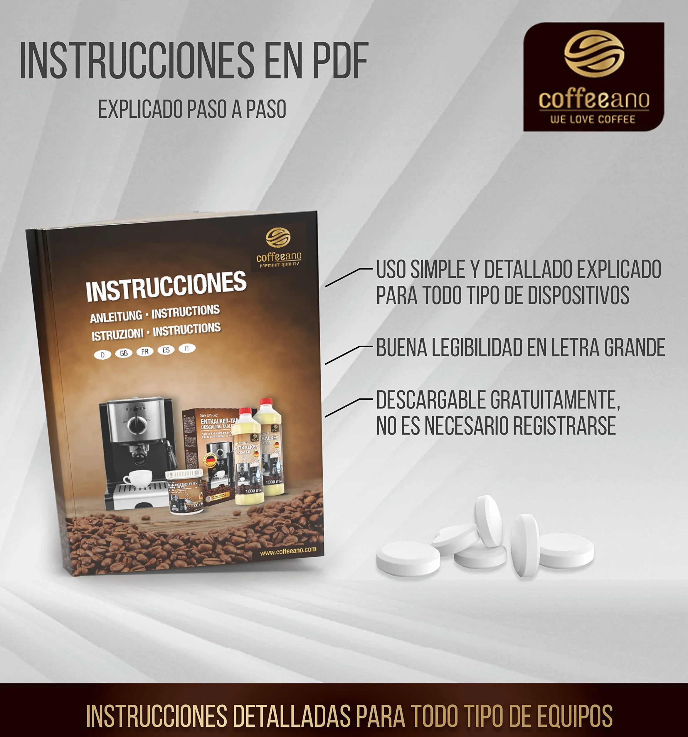 250 pastillas limpiadoras Coffeeano Clean&Protect para cafeteras automáticas y cafeteras. Pastillas limpiadoras aptas para todas las marcas y electrodomésticos. Incluye un libro electrónico