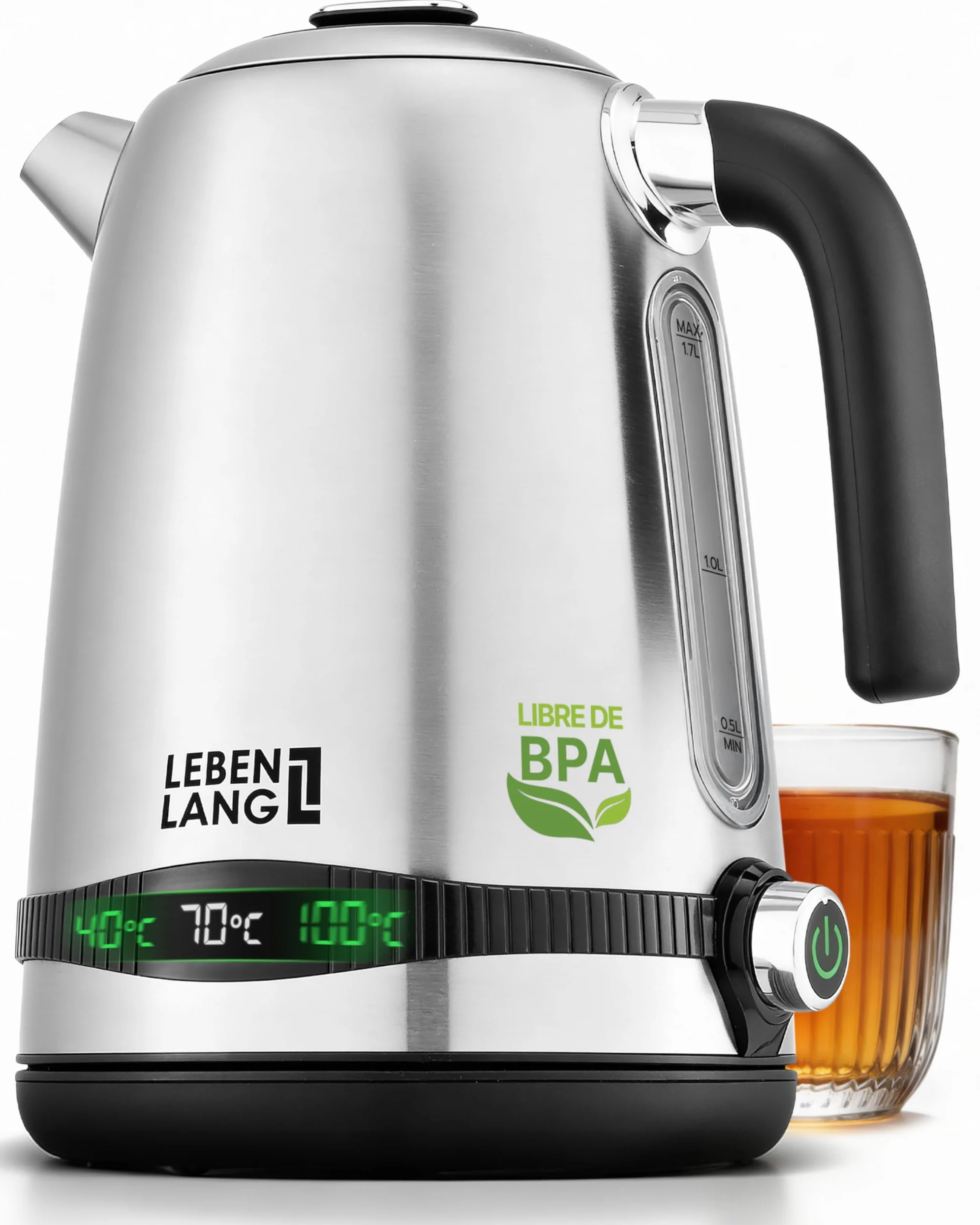 LEBENLANG Hervidor de agua de acero inoxidable con ajuste de temperatura - silencioso, con indicación de temperatura y función de mantenimiento del calor - 1,7l y 2200W | Hervidor de agua eléctrico | Silencioso, con indicación de temperatura y función de