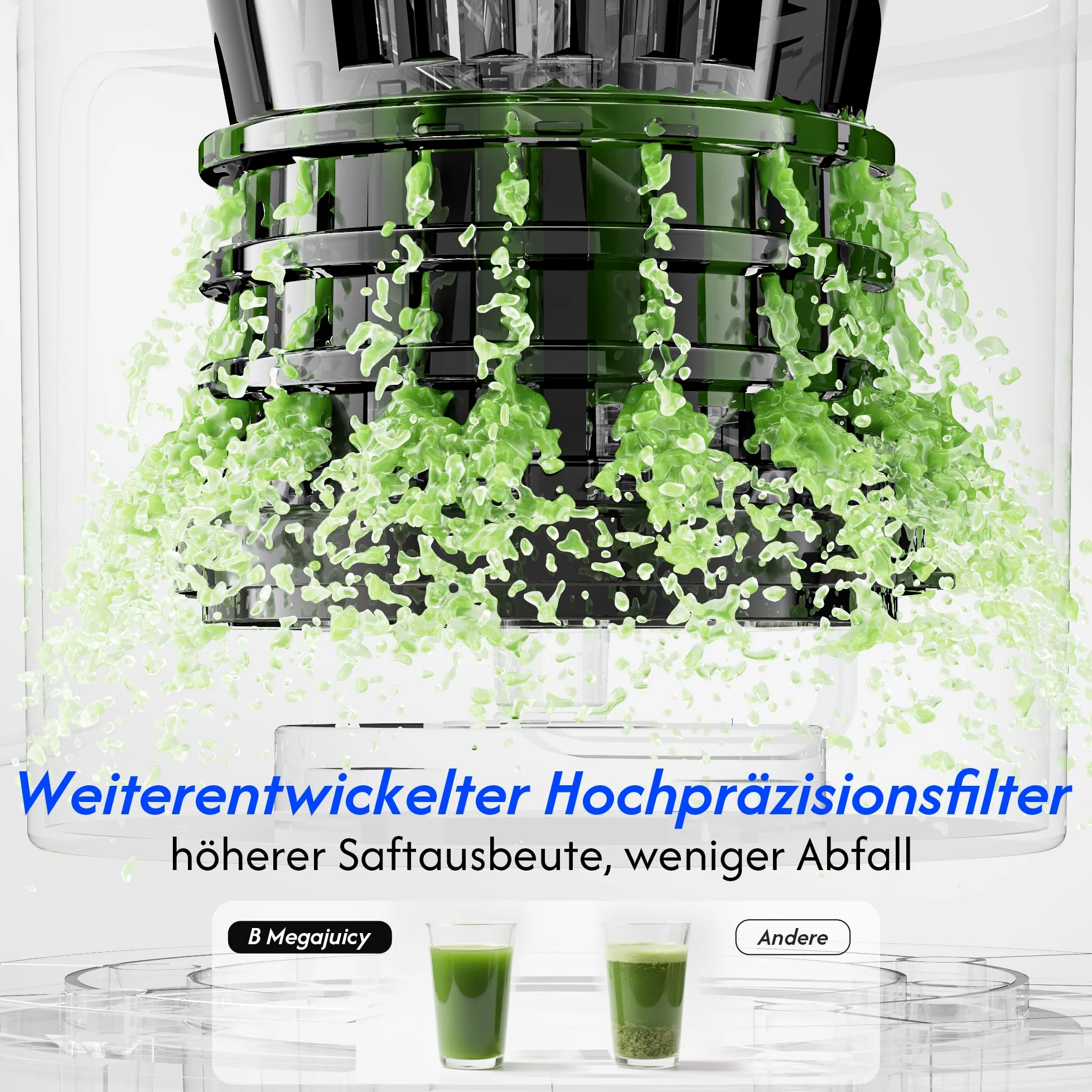 B Megajuicy - Exprimidor lento XL de 150 mm para frutas y verduras, con marcha atrás, libre de BPA, fácil de limpiar, incluye cepillo y 2 recipientes (550 ml, 450 ml), 300 W, para zumo y