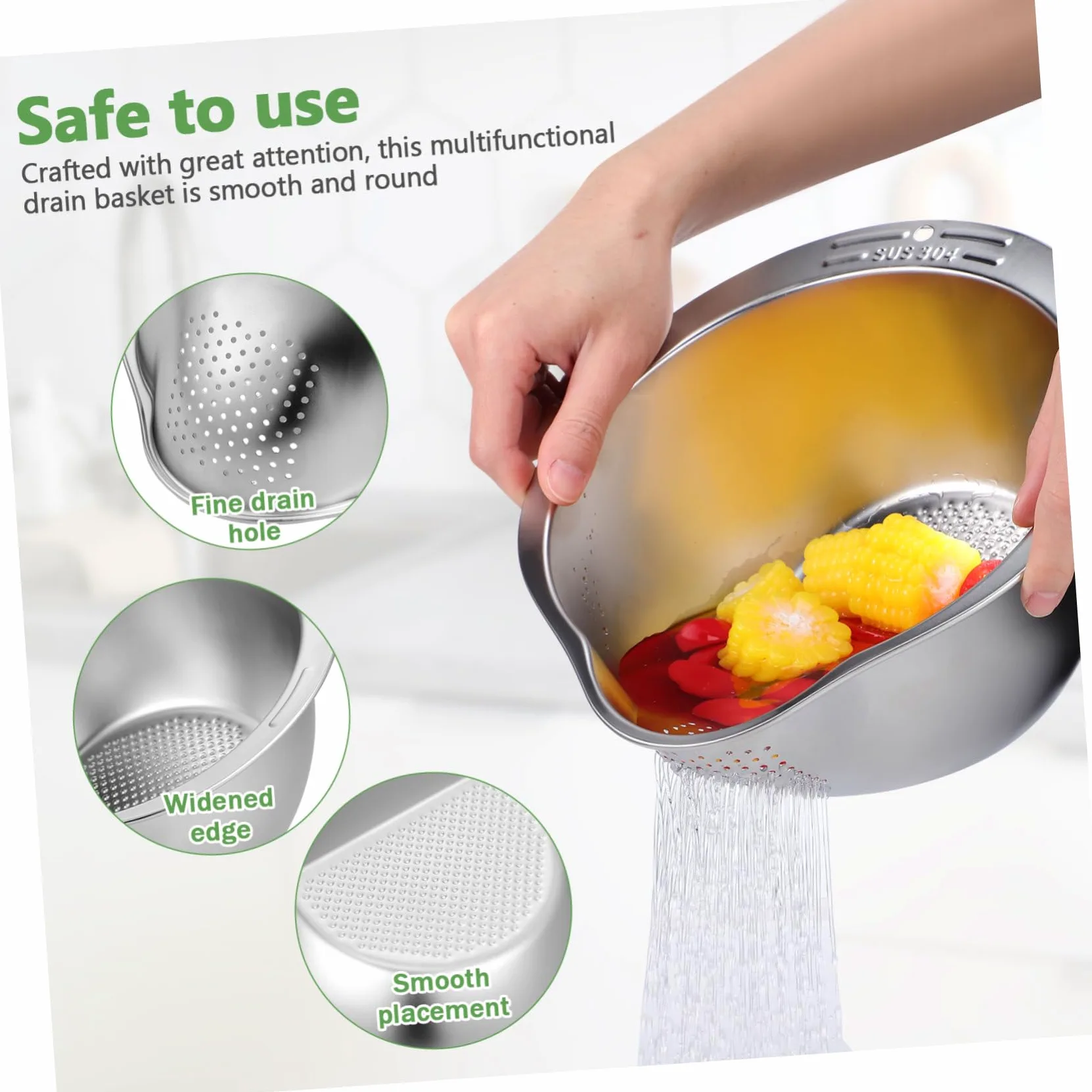 Hemobllo Lavadero de Arroz Colador Multifuncional de Acero Inoxidable para Lavar Arroz Verduras Frutas Enjuague Drenaje Fregadero