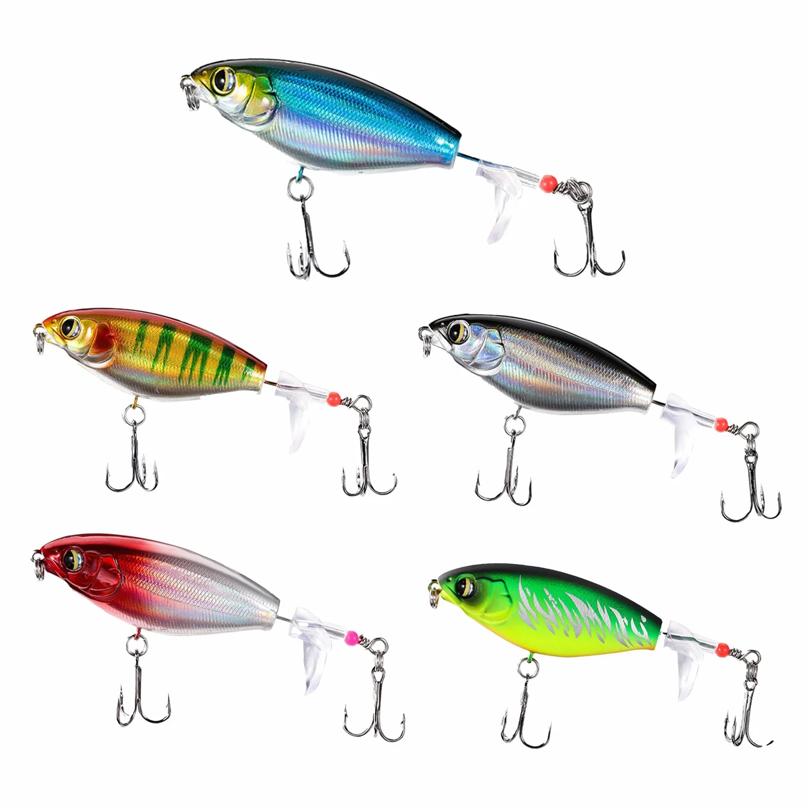 5 Piezas Señuelo Pesca para la Trucha Flotante Cola Giratoria Topwater Swimbaits Bass Swimbait Señuelos de Pesca Agua Salada Dulce con 2 Triángulo Gancho para Agua Dulce