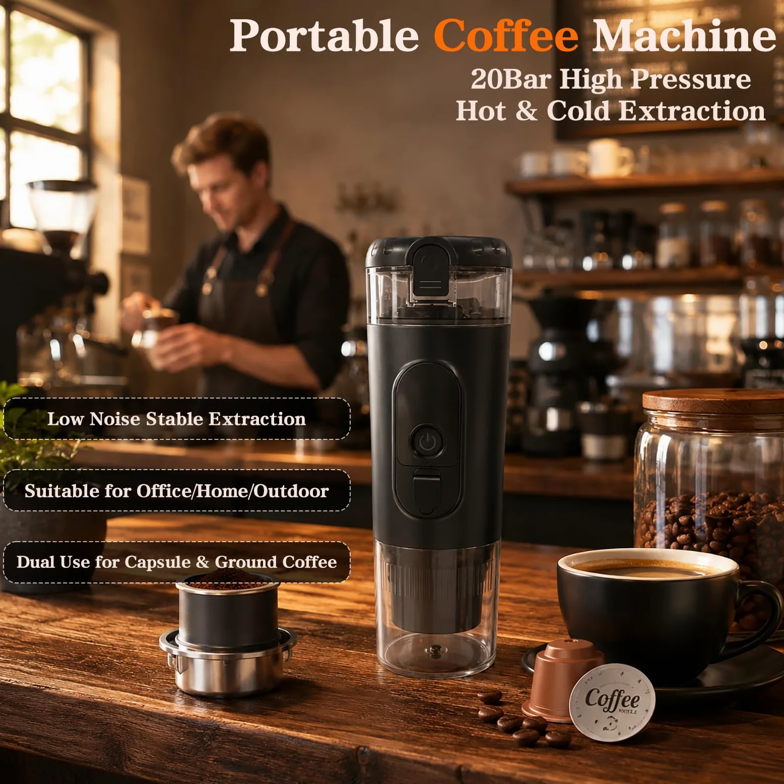 Cafetera eléctrica con pantalla LED de temperatura, compatible con cápsulas y café molido