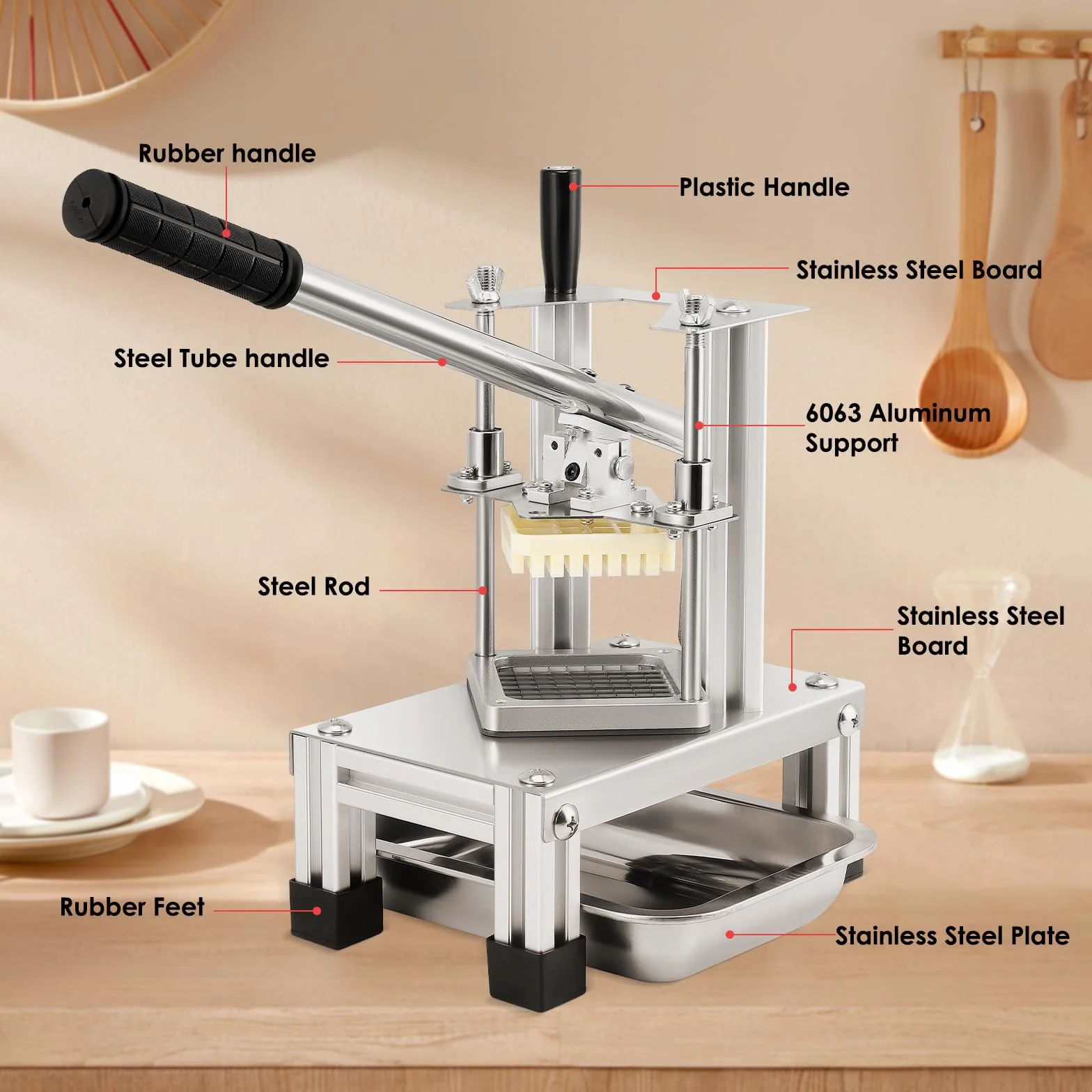Cortador de Patatas Fritas Profesional, Cortadora de Verduras Comercial, con Cuchillas de Acero Inoxidable 304 de Tamaño 1/4" 1/2" 3/8" para Batatas, Zanahorias y Pepinos (Equipo, 1)