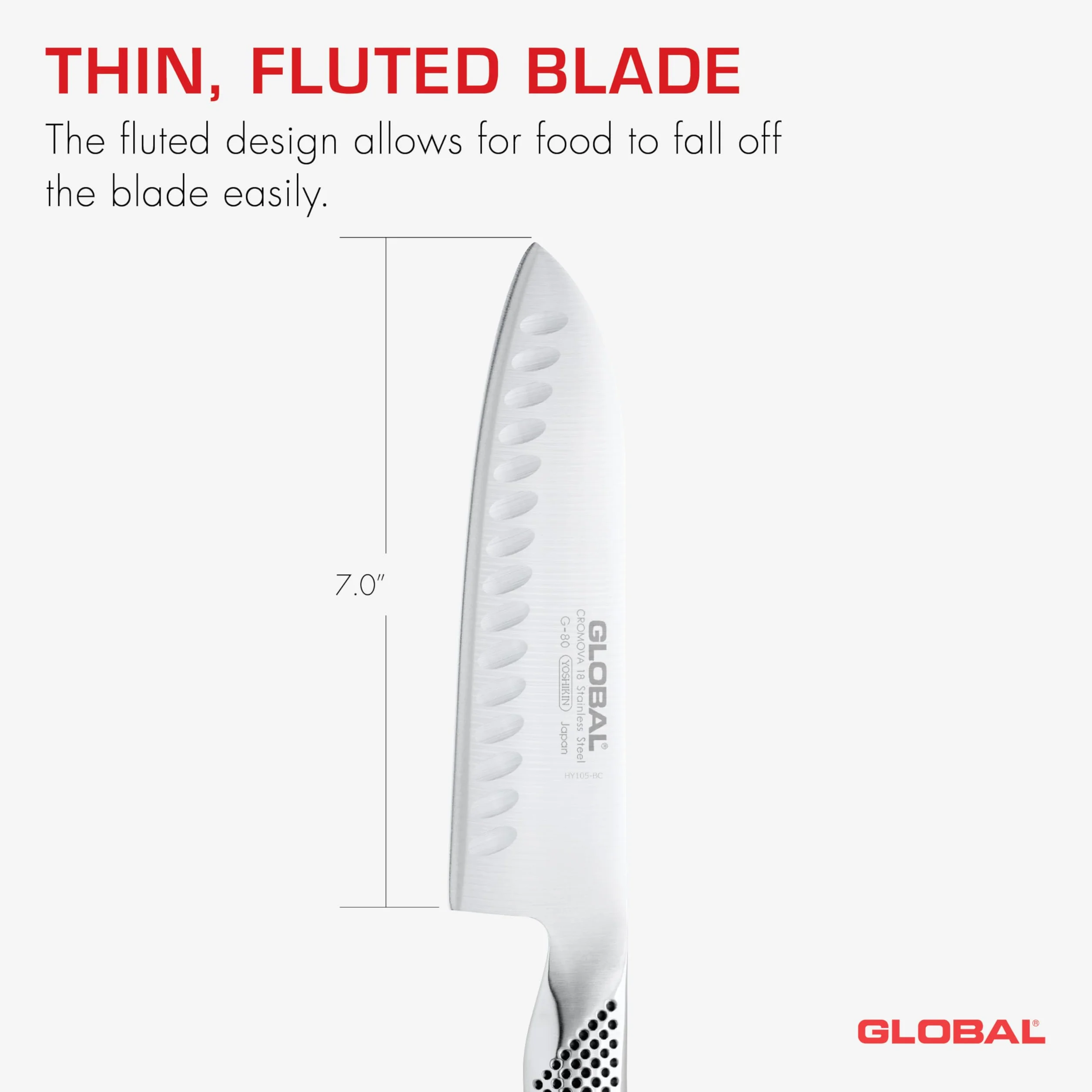 Global Santoku Fluted 71G80- Cuchillo cortador, 18 cm, cuchilla de acero inoxidable CROMOVA 18