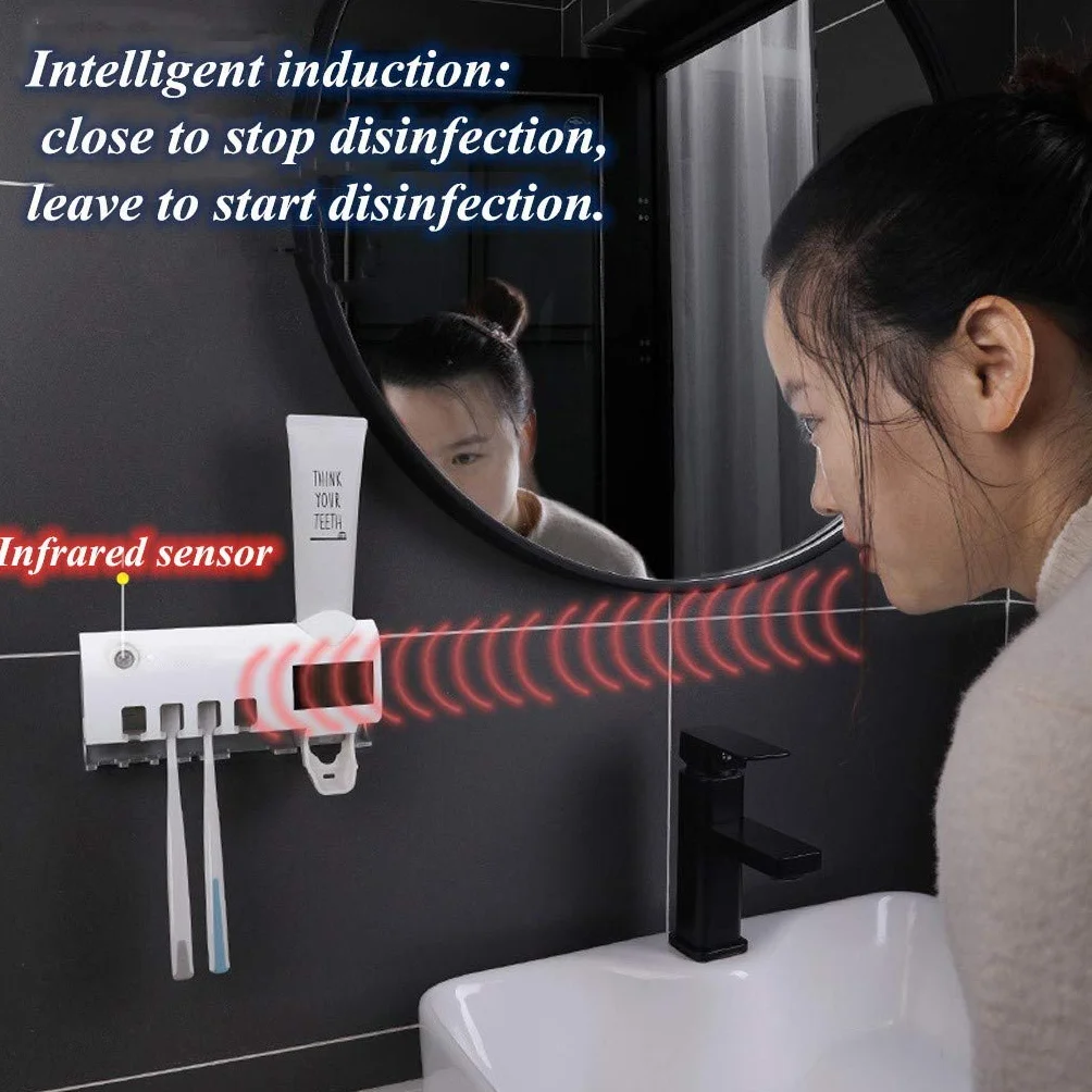 Soporte desinfectante para cepillos de dientes con dispensador automático de pasta de dientes, tecnología de inducción corporal, incluye 5 soportes esterilizadores para cepillos de dientes sin