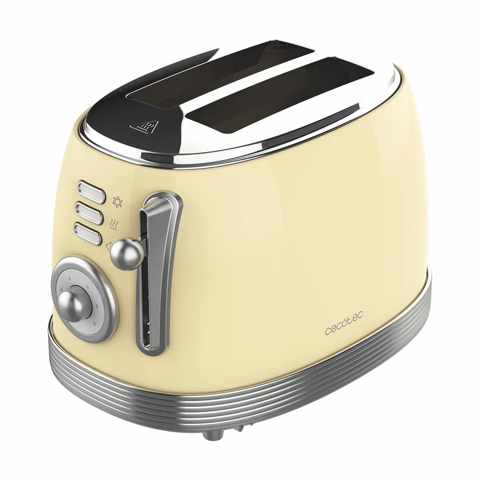 Cecotec Tostadora Toast&Taste 800 Vintage Light Yellow. 850 W, Doble Ranura Corta Extra anchas de 3,8 cm, 2 Tostadas, Acabados en Acero Inoxidable, Estilo Vintage, 3 Funciones, Amarillo