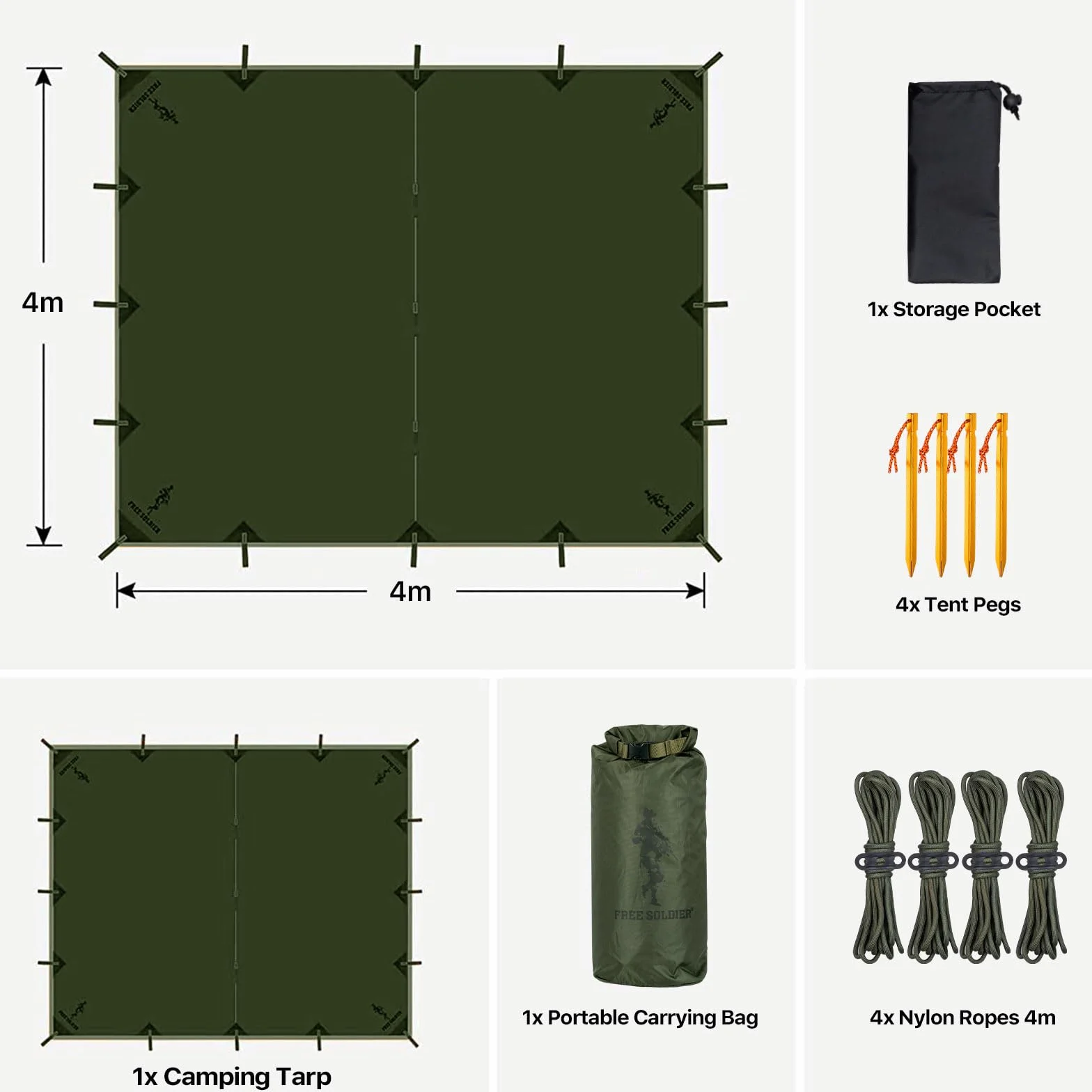 FREE SOLDIER Lona impermeable ultraligera protección UV 4x4 m camping senderismo