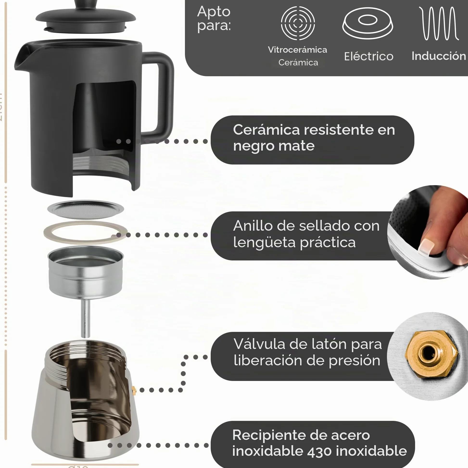 Steinzeit Cafetera espresso de diseño de cerámica (300 ml) – Cafetera de inducción apta para todo tipo de fuegos – Cafetera moka con base de acero inoxidable y jarra de cerámica