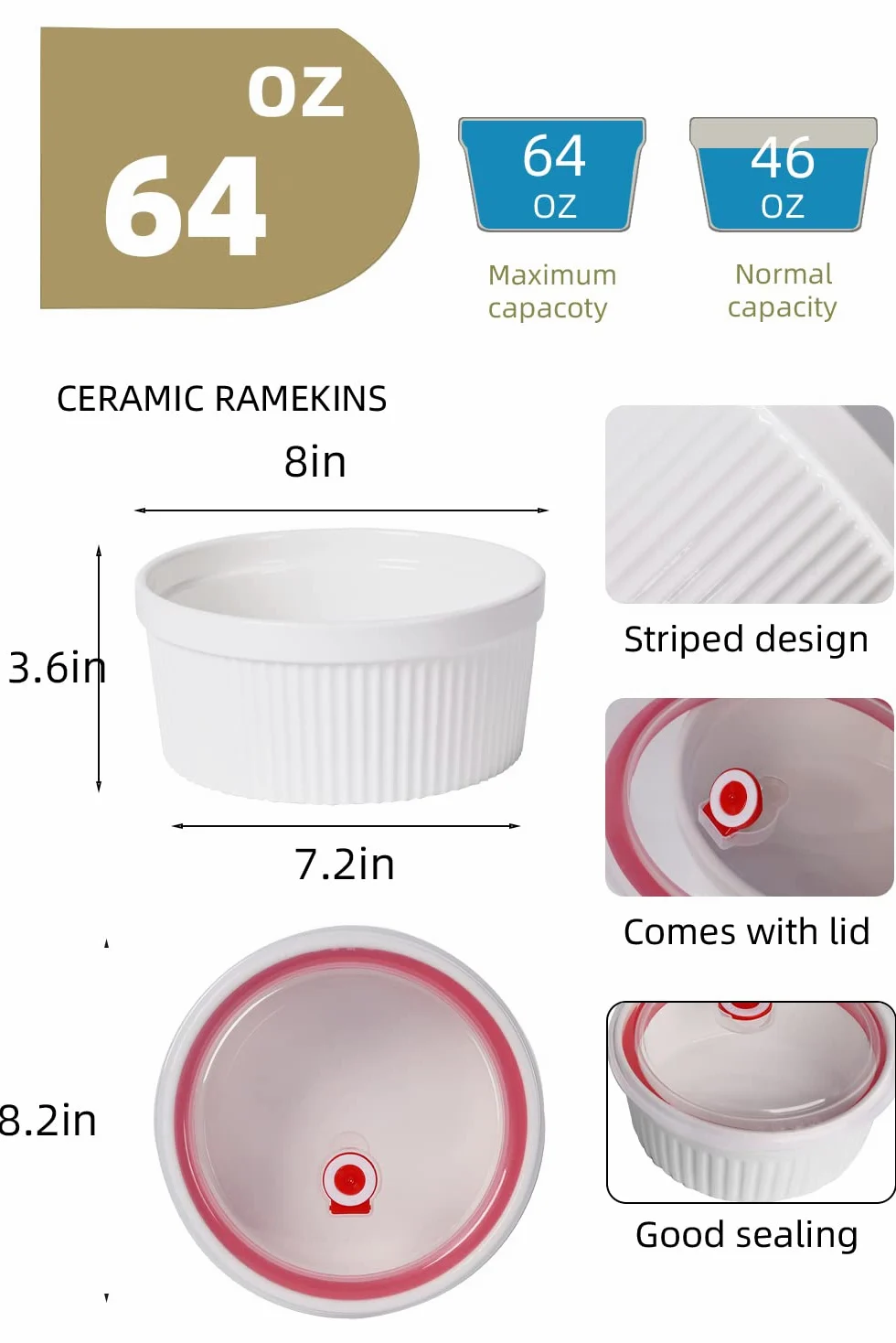 Ramequines de 64 onzas con tapas, 1 unidad, platos de porcelana para soufle, crema brulee, pudín, tazas de natillas y cuencos para hornear, aptos para horno, blanco (8 pulgadas)