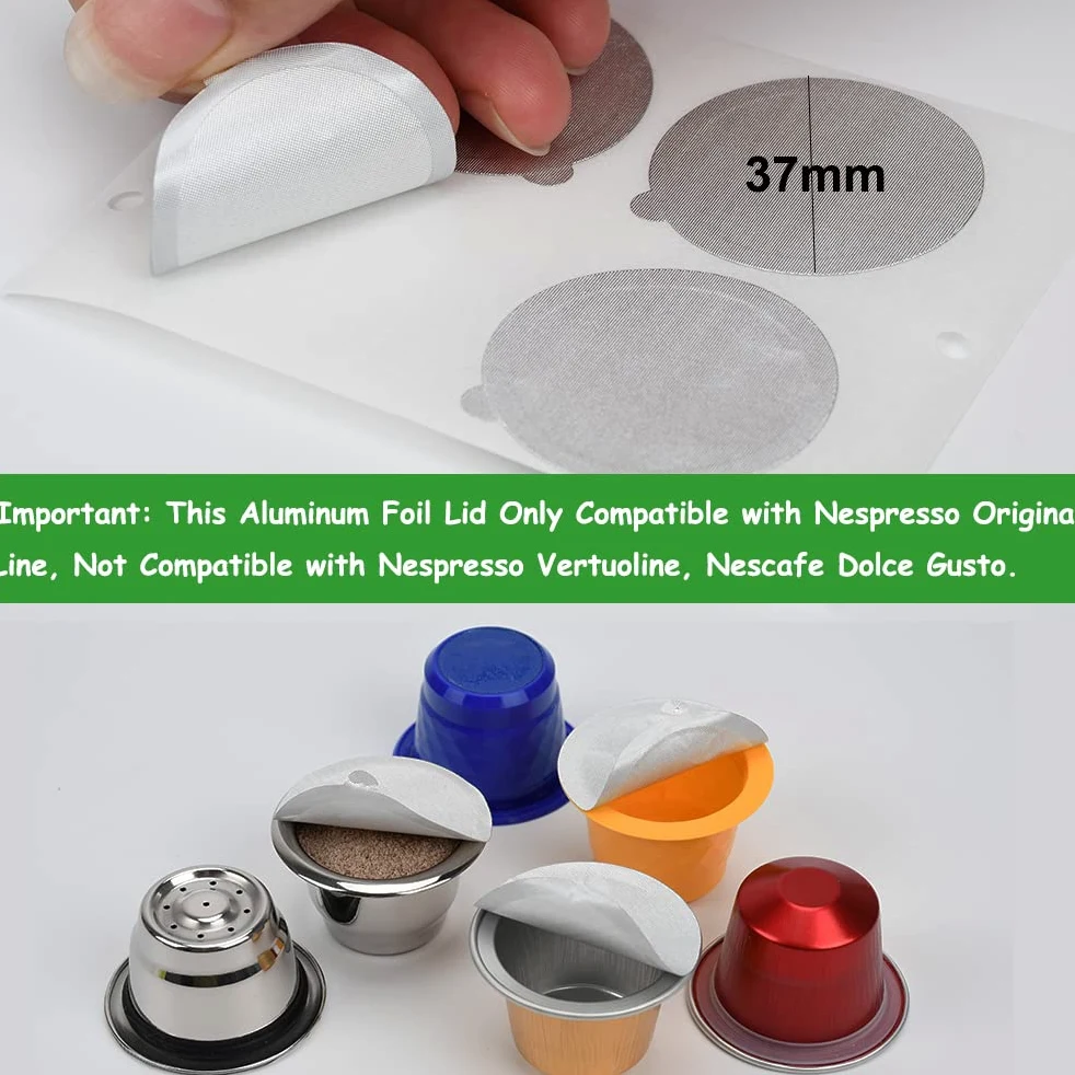 Tapas de aluminio para cápsulas de café reutilizables y rellenables, filtro de acero inoxidable, compatible con máquinas de línea original Nespresso (100 tapas (37 mm)