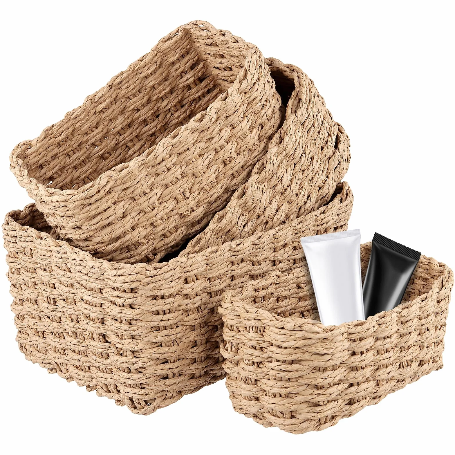 Juego de 4 cestas de almacenamiento trenzadas beige para maquillaje dormitorio oficina salón