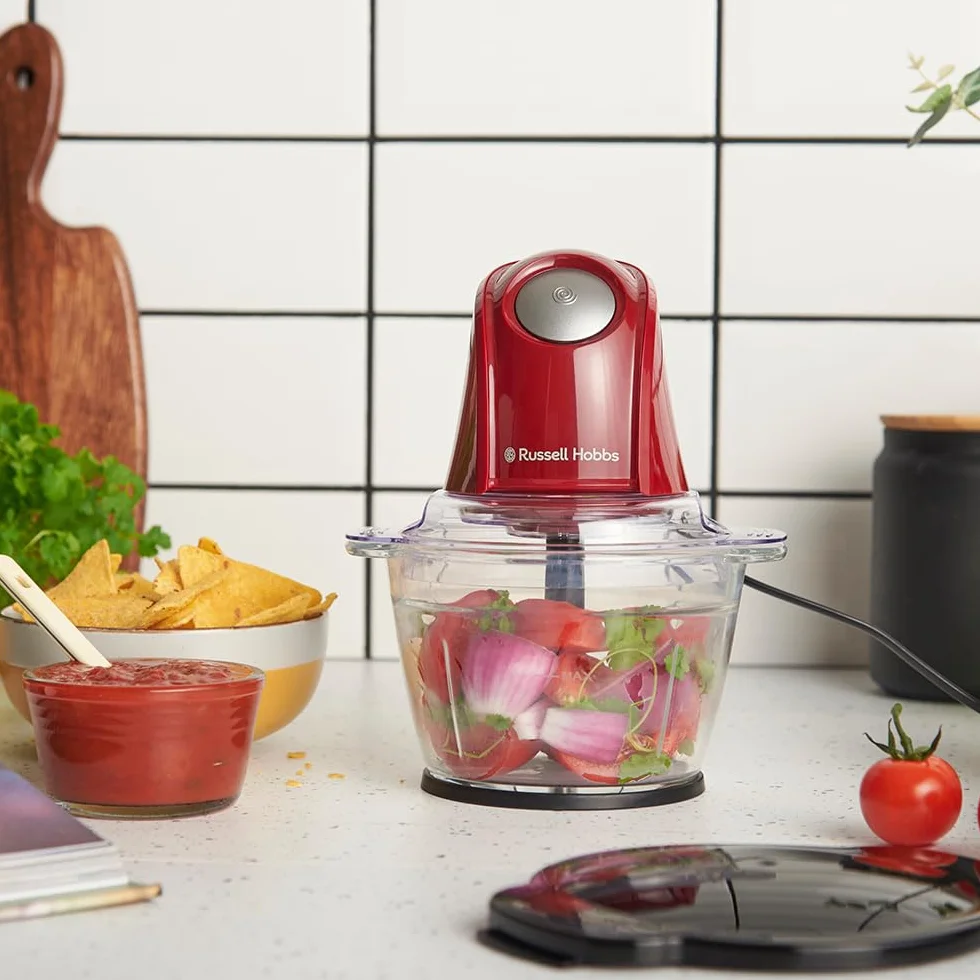 Russell Hobbs Picadora Eléctrica Mini Desire Red (Cuenco de vidrio de 500 ml, Cuchillas Inox de 2 puntas, 350 W Max, Botón One-Touch, Para frutas, verduras y carne) 27132-56