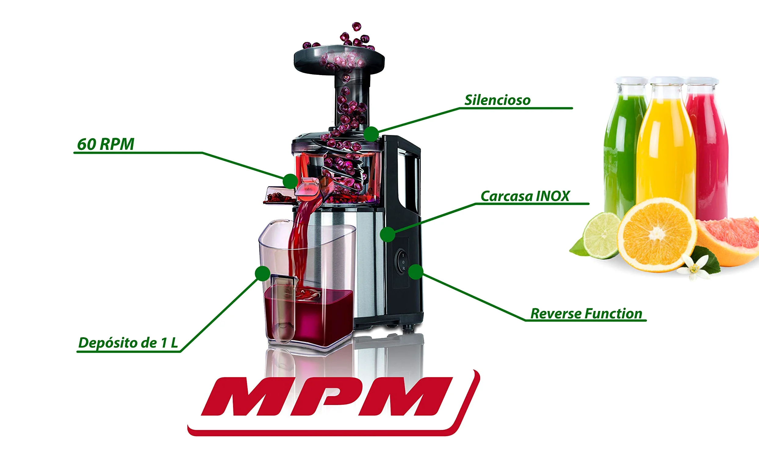 MPM MSO-12M Licuadora prensado en frío para verduras y frutas, baja velocidad 60RPM, Slow Juicer, boca ancha, función inversa, 150W