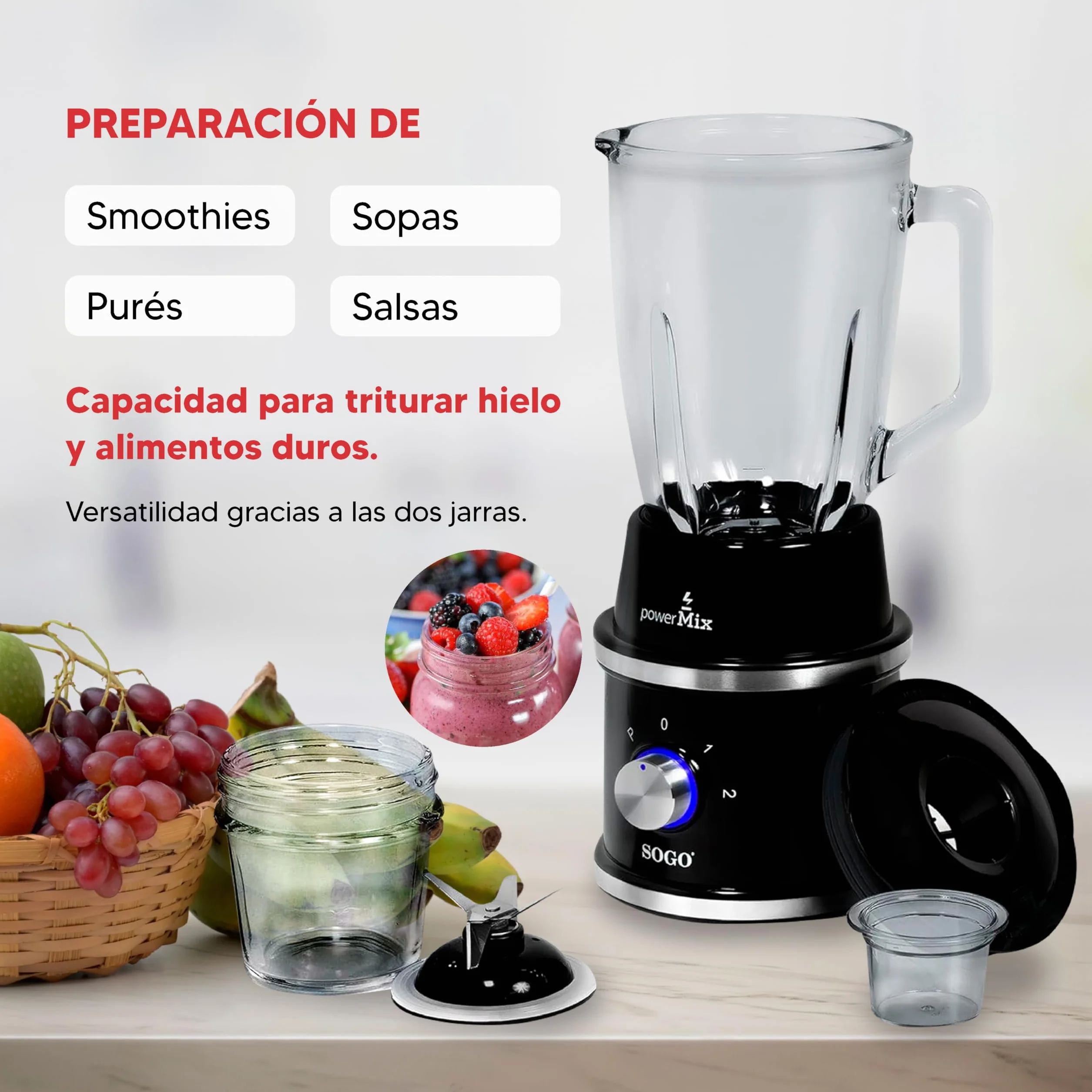SOGO Batidora de Vaso, Dos Jarras de 1,5 Litros y de 0,3 Litros, Cuchilla Acero Inoxidable 1300W, Negro (BAT-SS-5545)