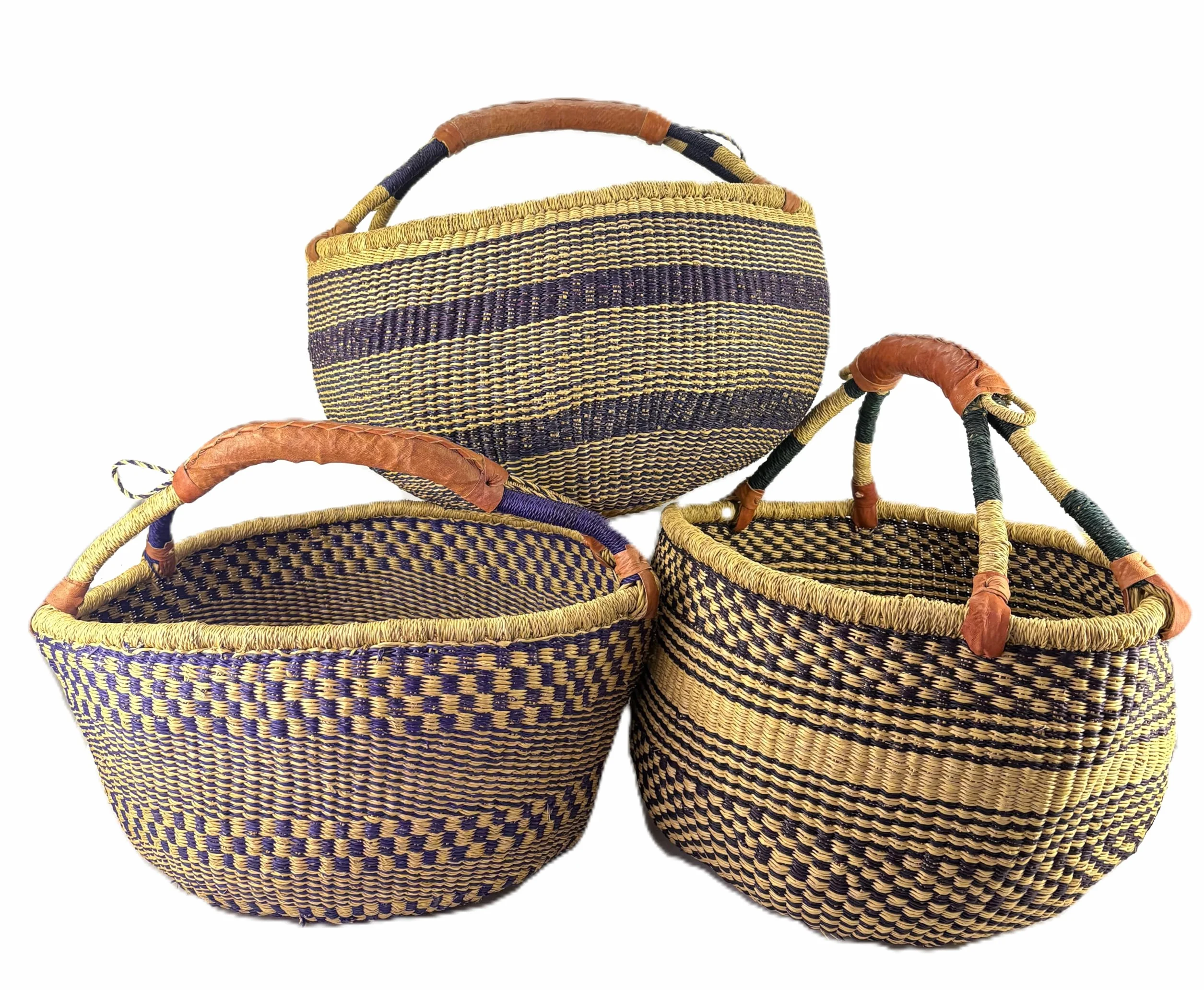 Cesta Redonda Bolga Grande aprox. Ø 40 x 40 cm – Hecha a Mano en Ghana – Comercio Justo – Cesta de Compra con Asa de Cuero – Tono Oscuro