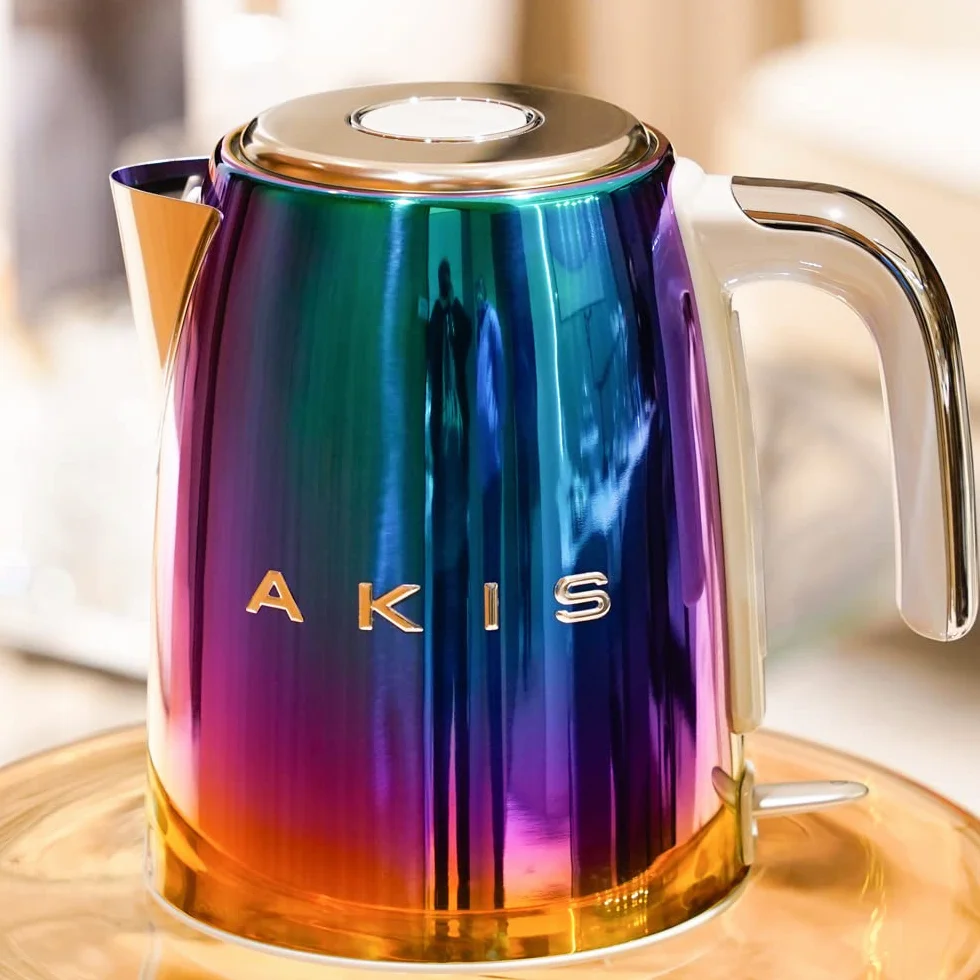 AKIS La Fête Design Tostadora y hervidor de agua de acero inoxidable en arco iris multicolor moderno