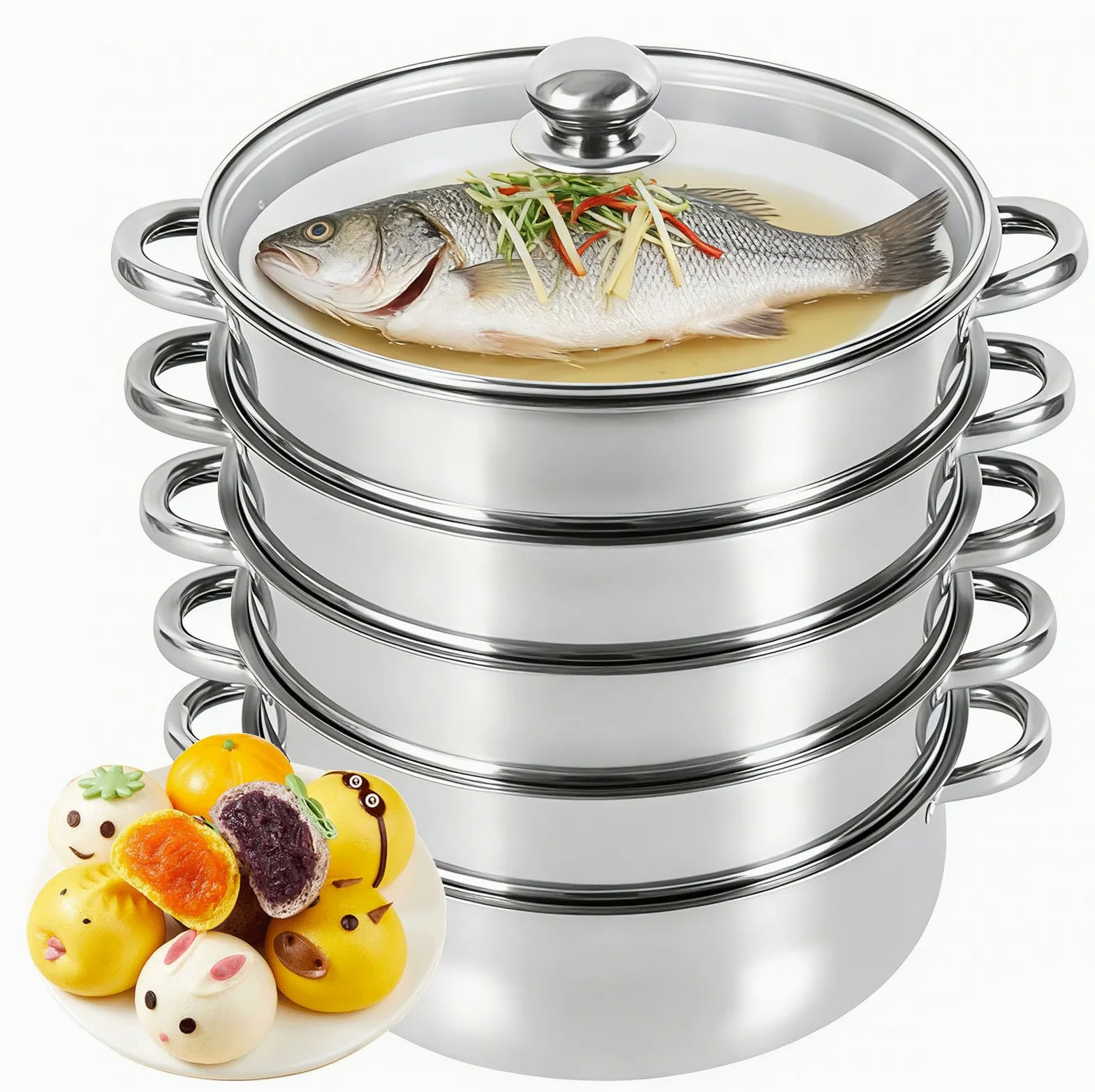Vaporera Acero Inoxidable con Tapa Vristal, Olla Presión Verduras Grande Hogar 5 Capas Duradera, Ollas Vaporera Cocinar Vapor Cocinar Vapor Steamer Cooking para Cocinar Verduras Mariscos Sopas Guisos