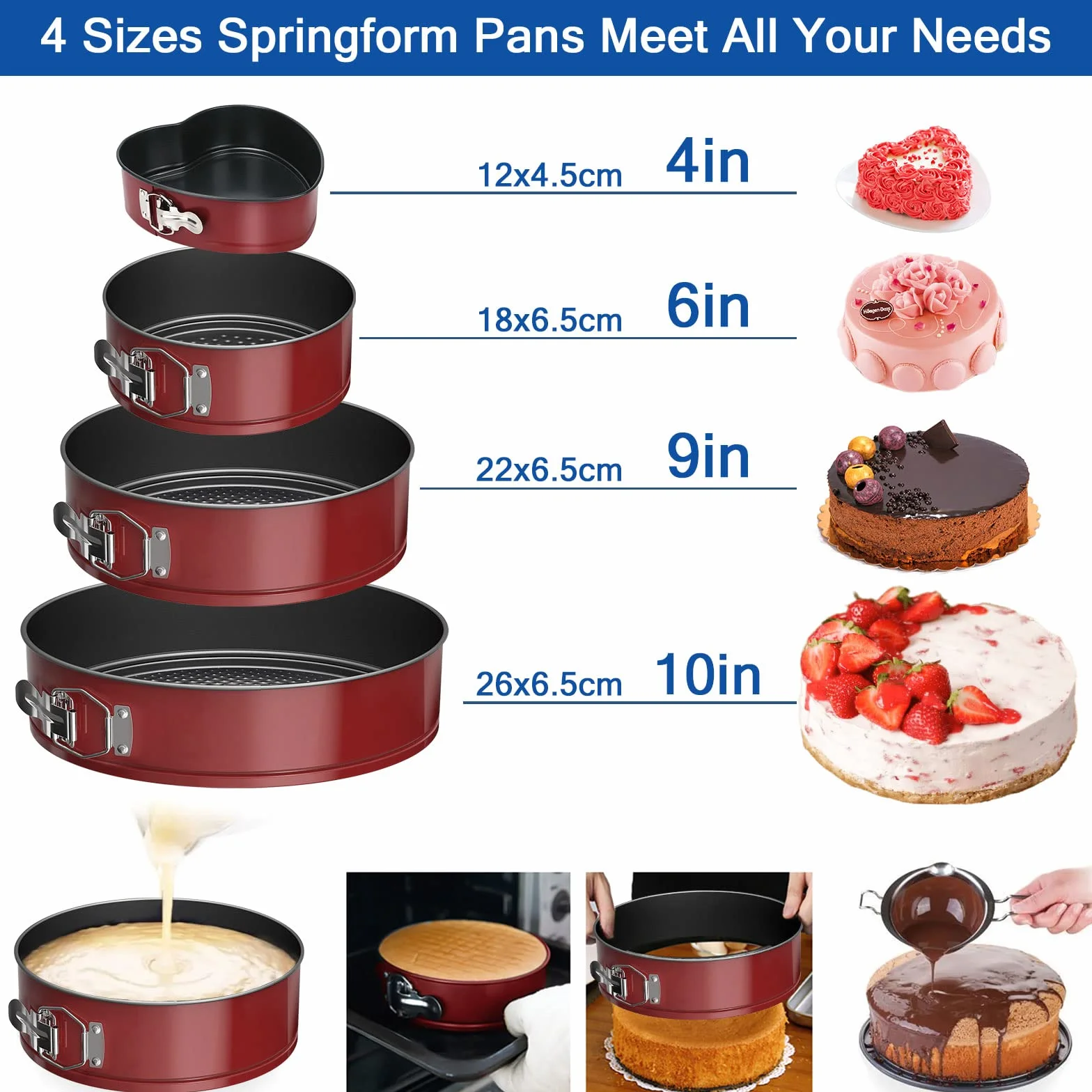 Molde Desmontable de Repostería 4 Piezas, Capa Revestimiento Desmontable Antiadherente, Redondos Moldes para Pasteles 12/18/22/26 cm con Boquillas para Manga Pastelera Set, Raspadores Tartas