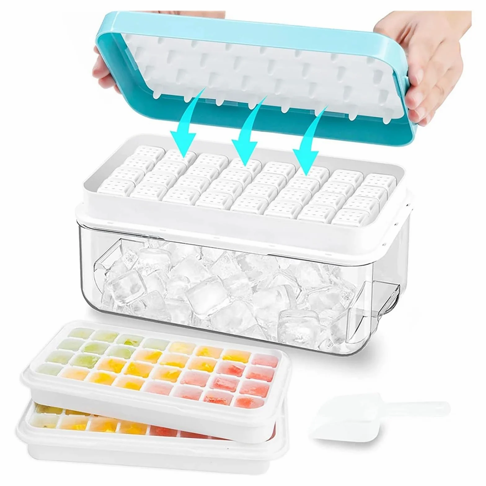 Cubiteras Para Hielo Bandeja de cubitos de hielo con 2 bandejas apilables, moldes de silicona con compartimento for congelador, 64 nuggets(Blue)