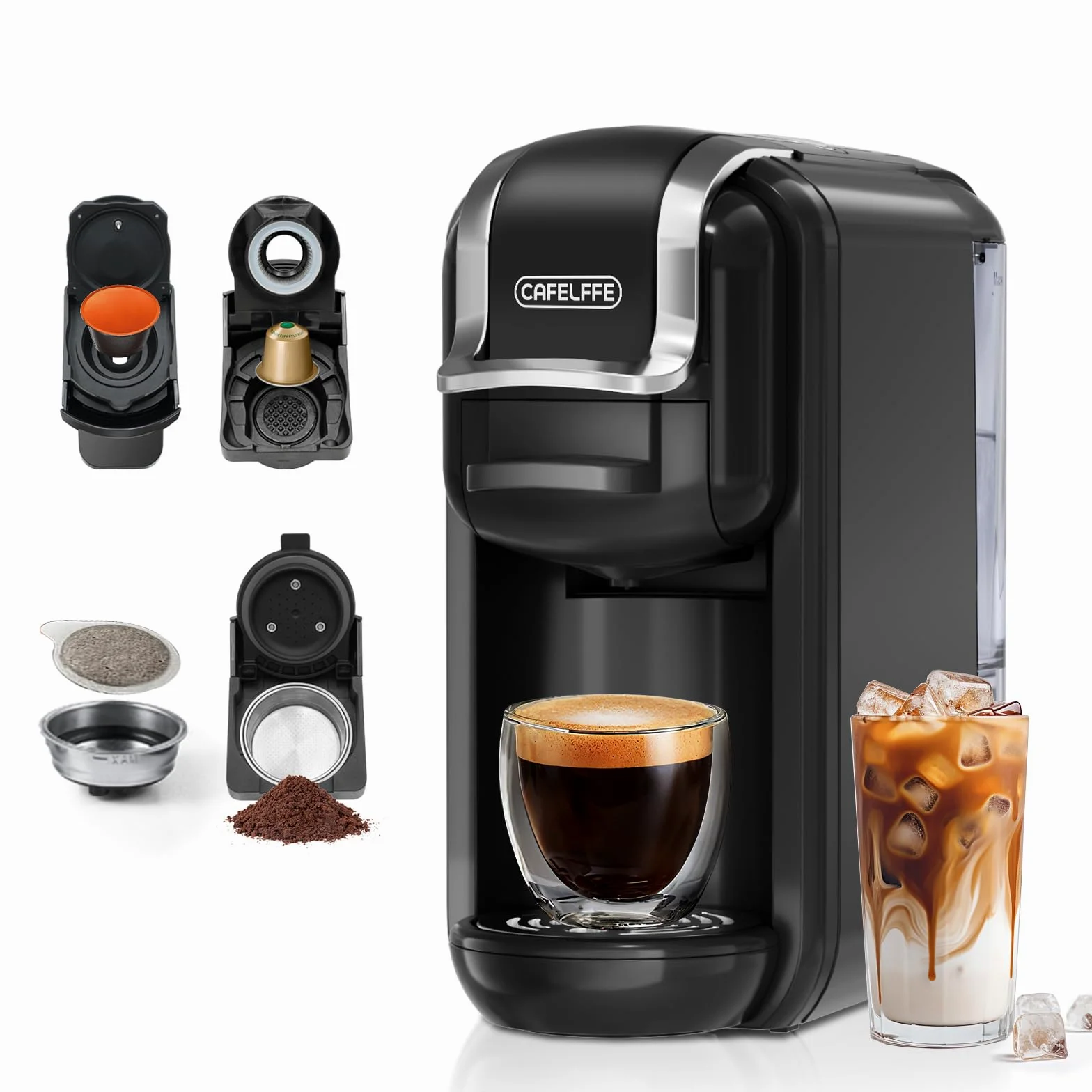 CAFELFFE Cafetera de cápsulas MK-603 4 en 1, café frío/caliente, 19 bares, compatible con cápsulas Nec* Original, DG*, ESE y café molido, modelo de bajo consumo, depósito de agua de 0,6 l, ideal para