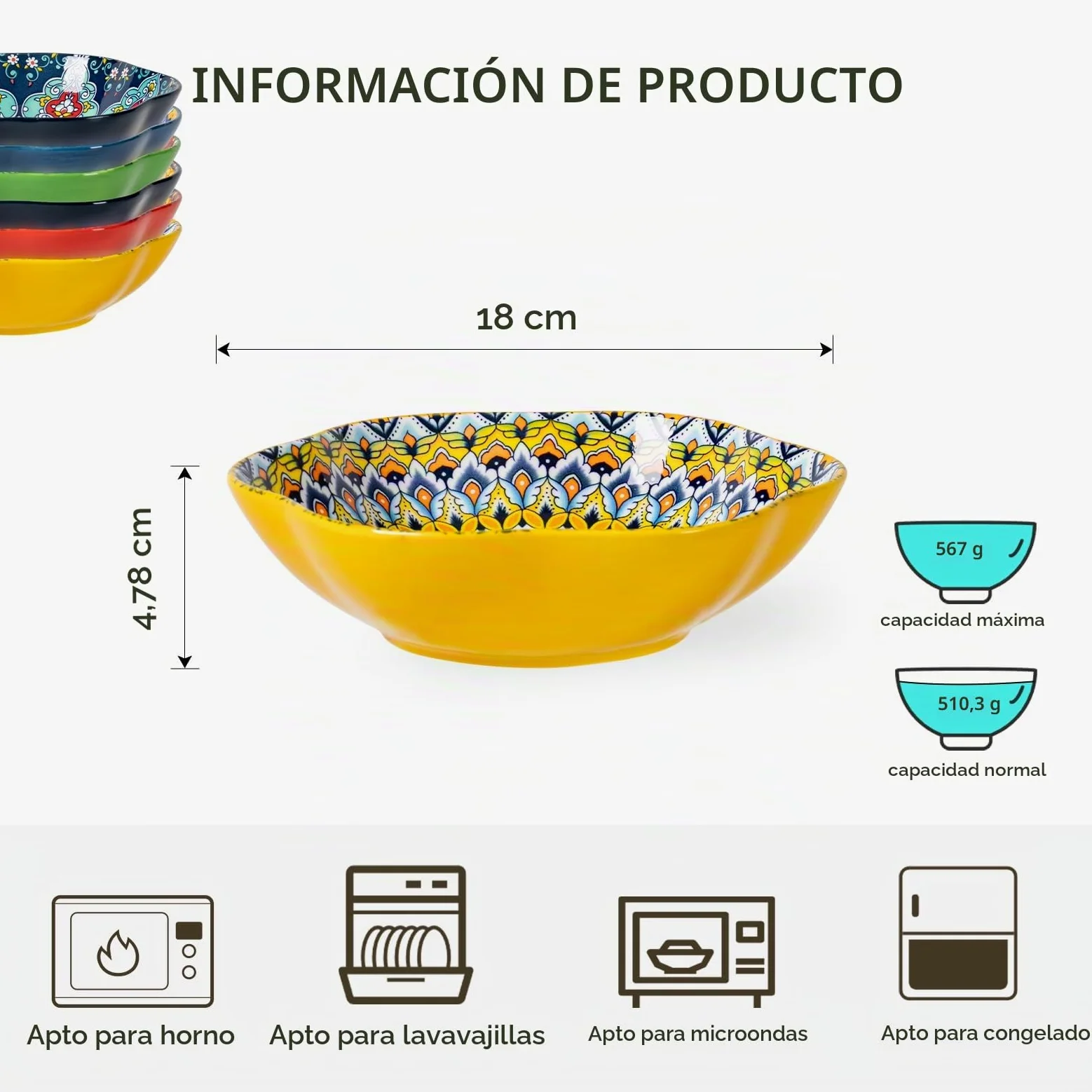 HENXFEN LEAD ensaladera de porcelana, 590ml tazón de postre tazón de cereal, tazón de pasta en forma de flor para helado, arroz, postre, etc. Colorido, Paquete de 6 - Estilo Bohemio