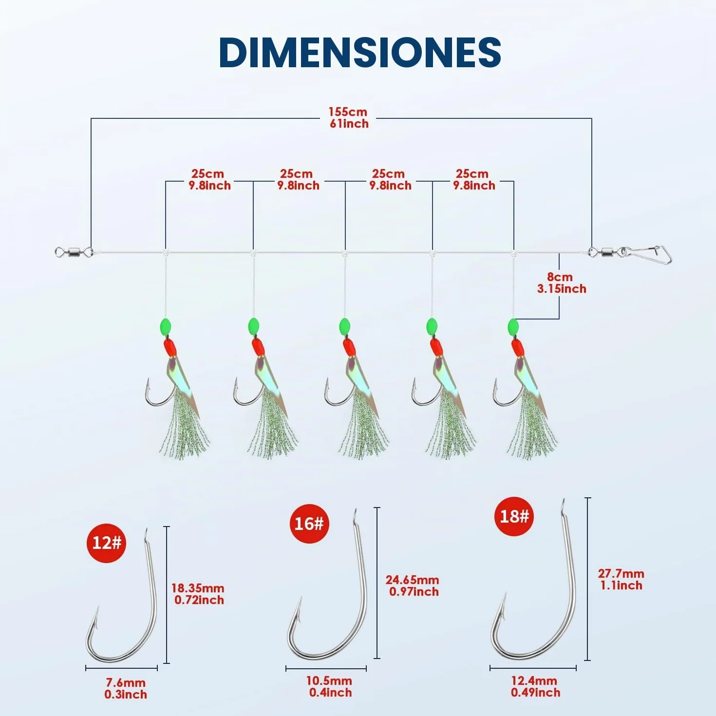 Aparejos de Plumas Premontados 6 Anzuelos 30 con Abalorios Fosforescentes para Caballa Bacalao