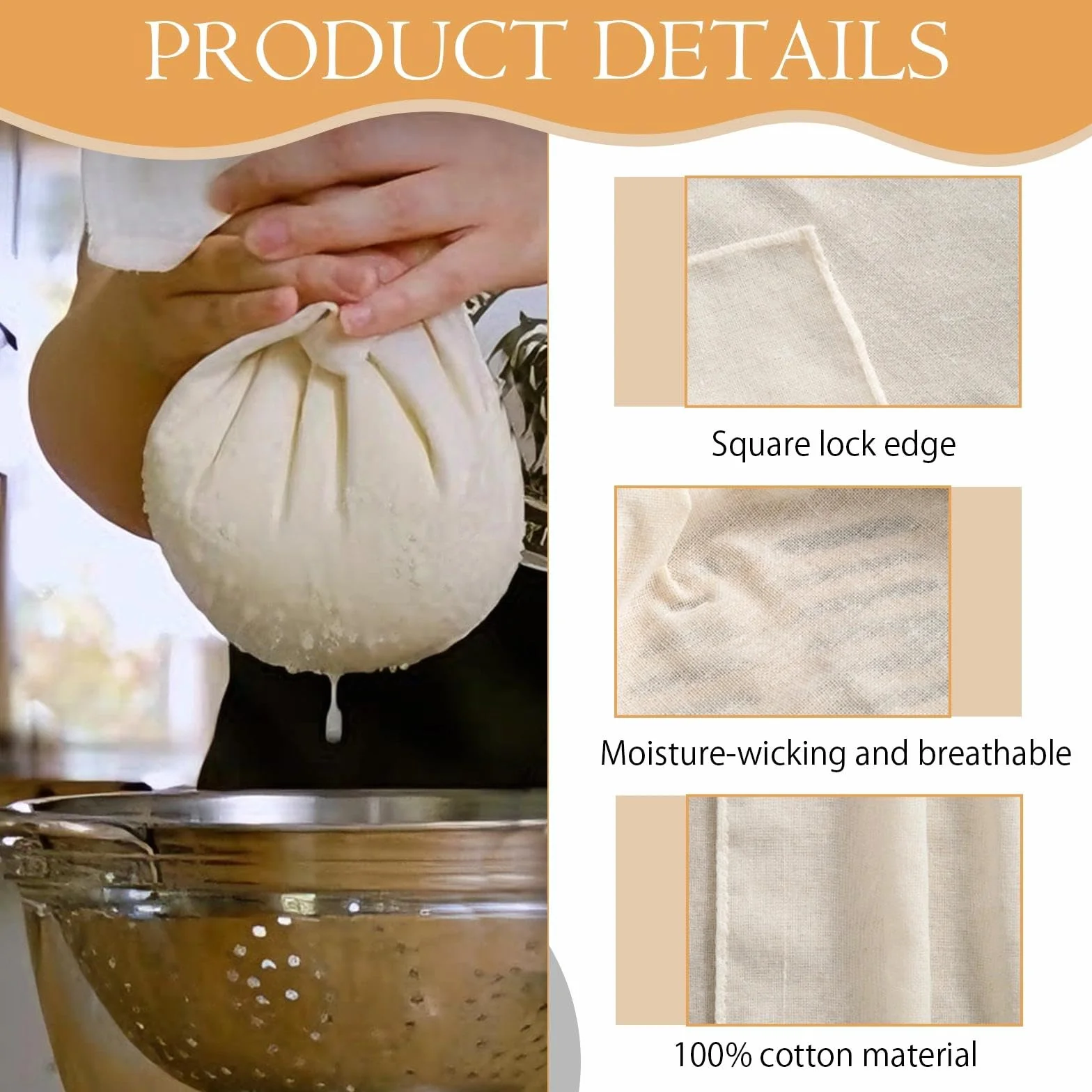 6 Piezas Cheese Cloth, Colador de Tela 60 × 60 cm Colador Tela Reutilizable, Estameña Lavable Telas Filtrantes para Caldo Filtrado Queso Jugo Fruta Prensada Fermentación de Masa de Pan