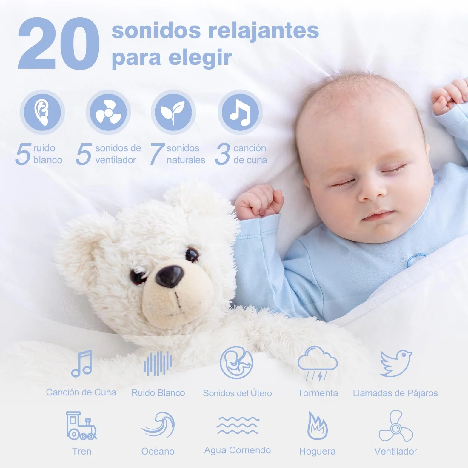 Easy@Home Máquina de Ruido Blanco para Dormir Bebé 20 Sonidos Relajantes Luz Nocturna Ajustable Temporizador Recargable USB
