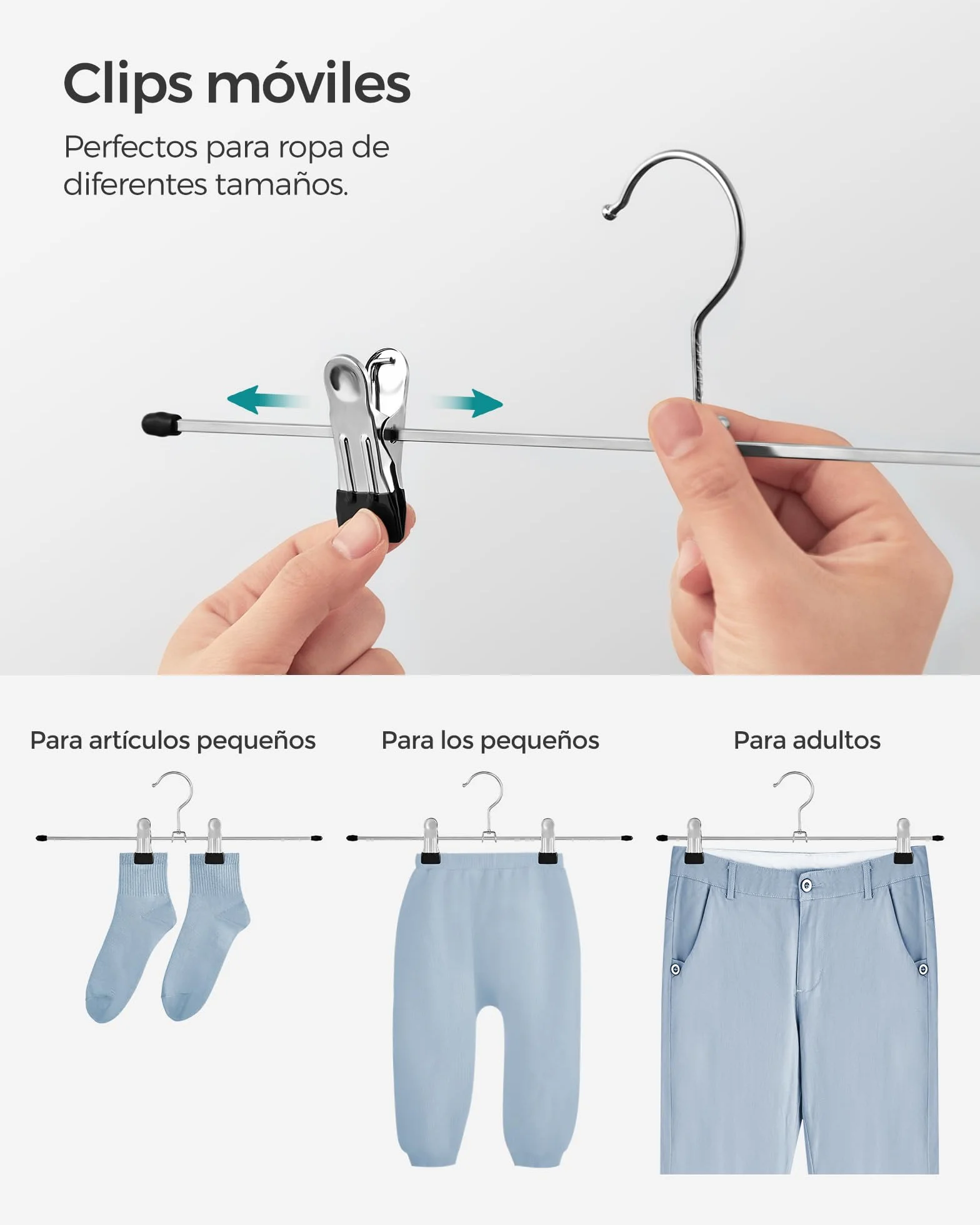 SONGMICS Perchas Metálicas para Pantalones, Juego de 20, Perchas con Pinzas, 40 cm de Largo, Perchas Antideslizantes para Ropa, Faldas, Calcetines, Gromado, Plata Metálico y Negro Tinta CRI006-20