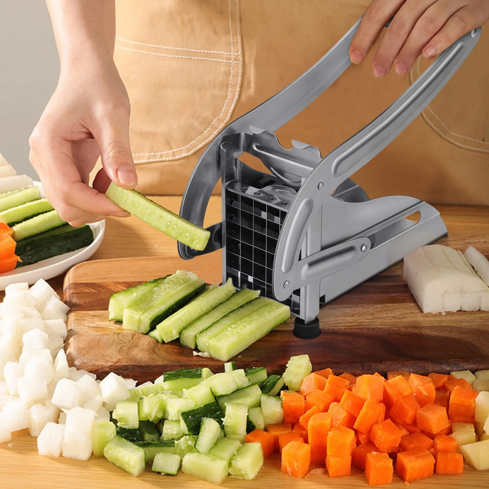 Cortador de Patatas Fritas, cortadora de Patatas con 2 Cuchillas afiladas, Acero Inoxidable