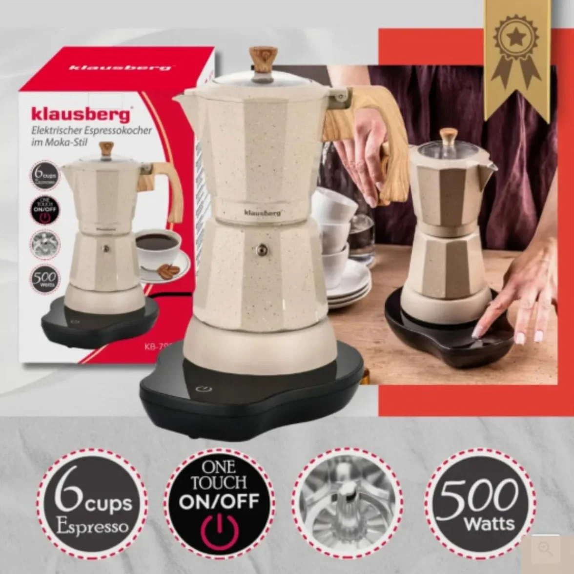 Klausberg Máquina espresso eléctrica, Beige, 16,2 x 19.8 x 27 cm, 300 ml, Metal con elementos resistentes al calor