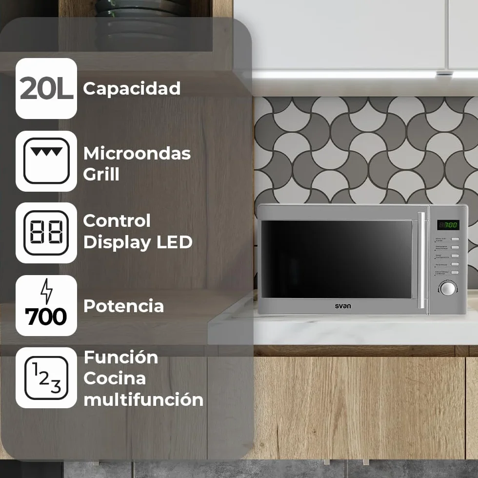 Svan Microondas 20 Litros con Grill Inox SMW2700DGX. 700W, Grill 1000W, 8 Programas, Modo Descongelación, Revestimiento Interior, Fácil Limpieza, Temporizador 95min.