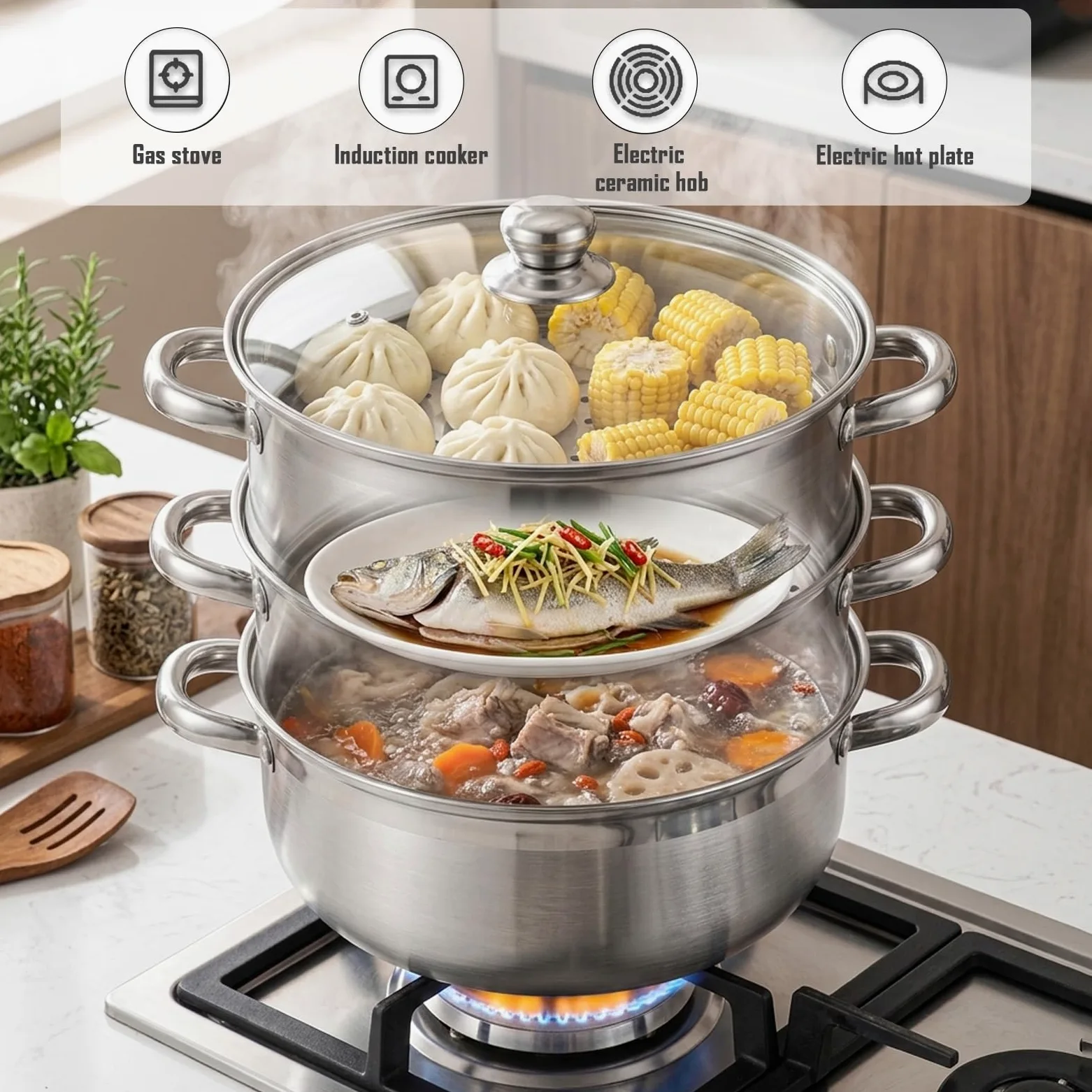 Olla Vaporera 28cm – Cocción al Vapor en Acero Inoxidable de 3 Niveles con Tapa de Vidrio – Para Sopas, Verduras, Pastas y Mariscos – Apt para Inducción y Lavavajillas