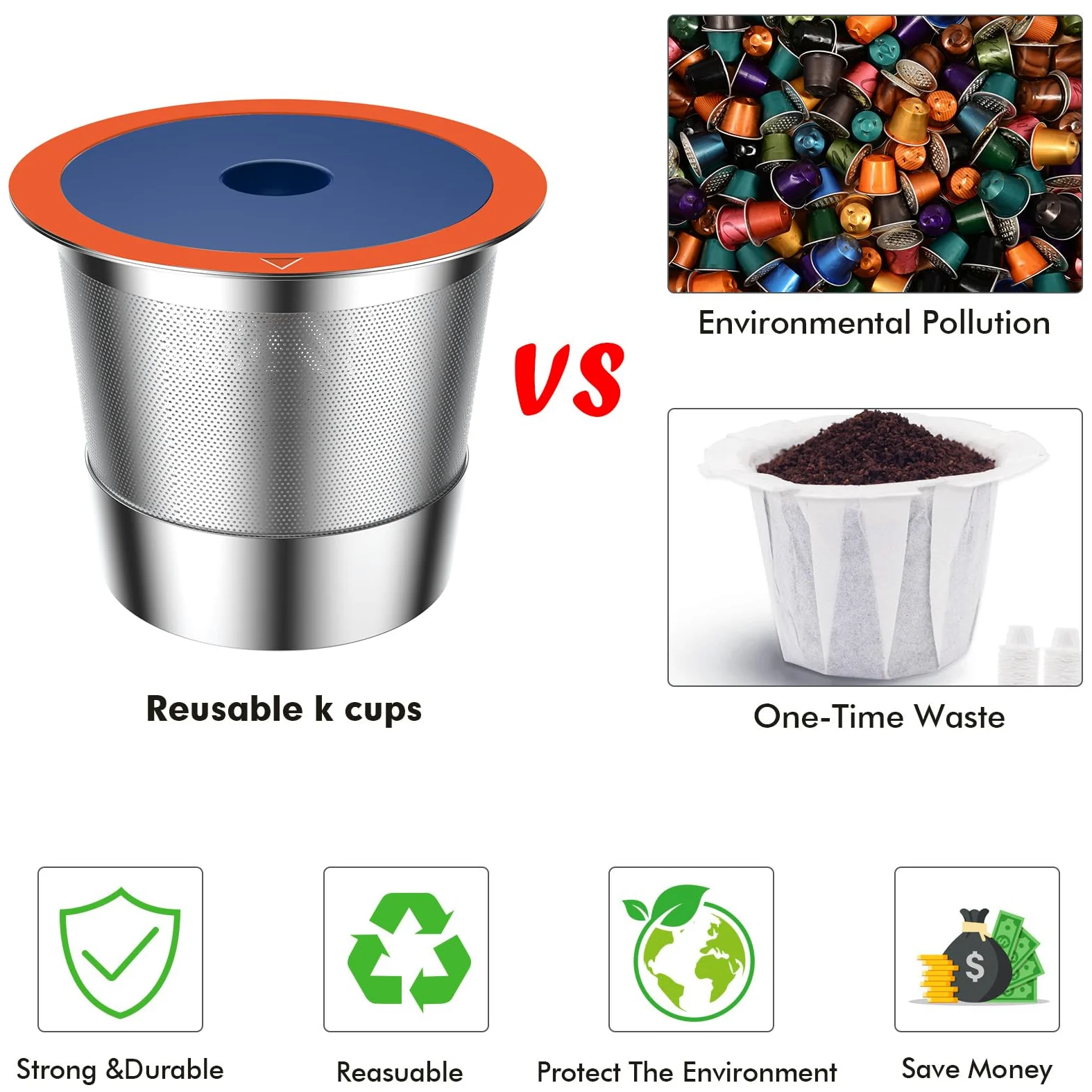 Tazas K reutilizables de acero inoxidable para Keuring 2.0 y 1.0, cápsulas de café reutilizables para cafetera, paquete de 2 tazas K reutilizables con 1 cuchara de café, filtros de café permanentes