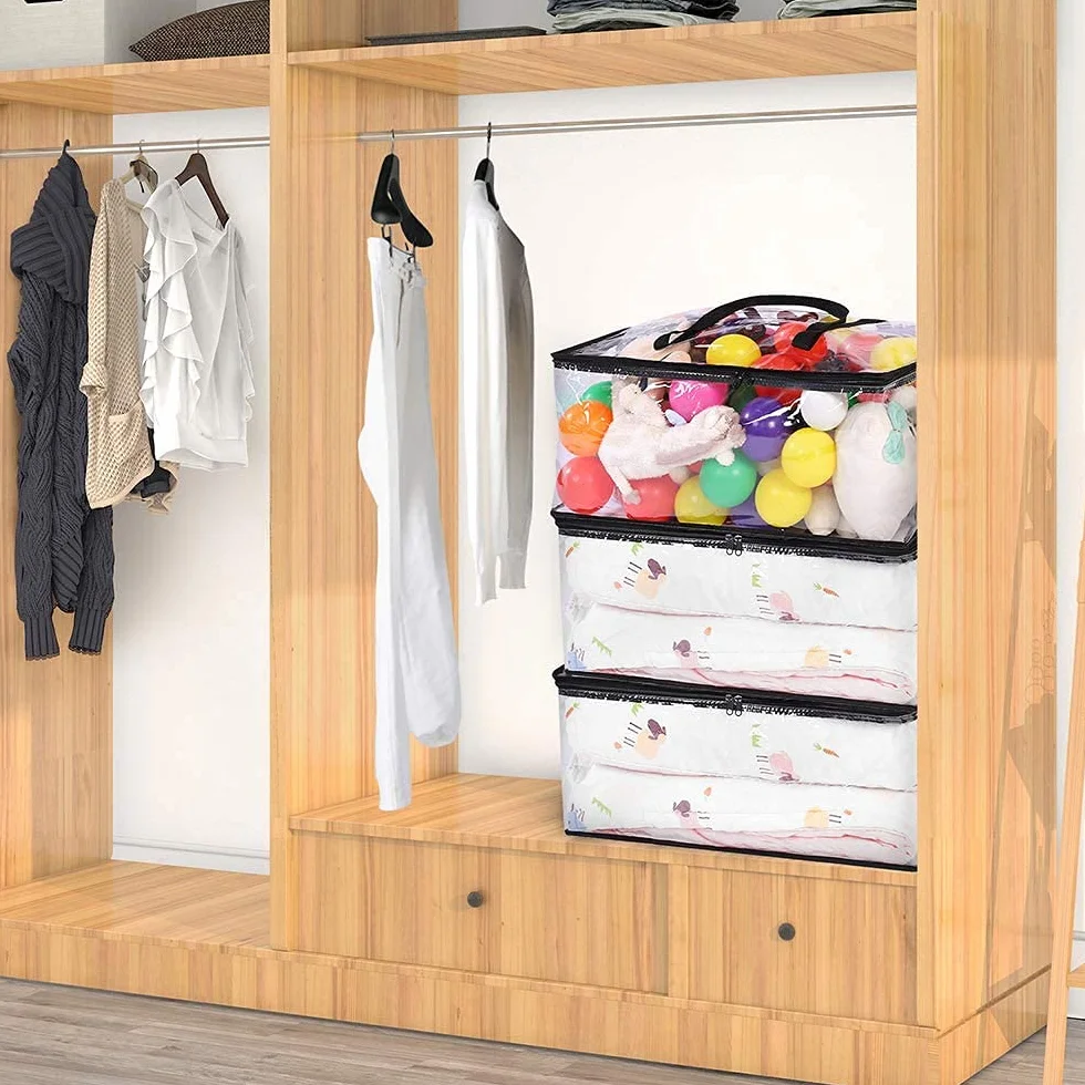 Vieshful 3 Piezas Transparentes Bolsas para Guardar Ropa, Bolsas Almacenaje Ropa Plegable 40L de PVC, Organizador Armario, Cajas Almacenaje con Asas para Edredón Mantas Mudanza Móviles Juguetes