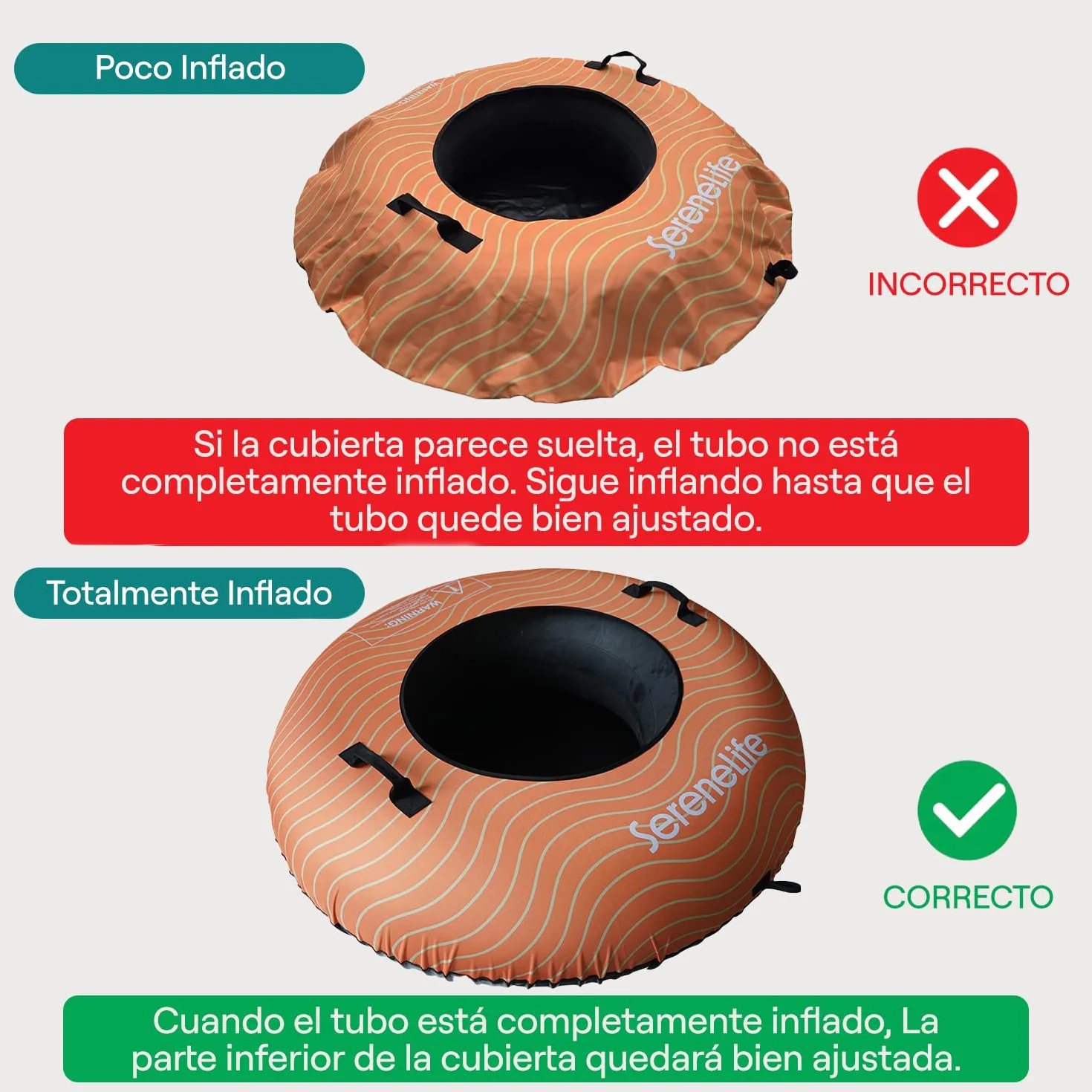SereneLife Snowtube 101/112/122 cm – Trineo Inflable para Niños y Adultos con Base de Plástico Resistente, Cuerda de Arrastre y Diseño Deslizante para Nieve