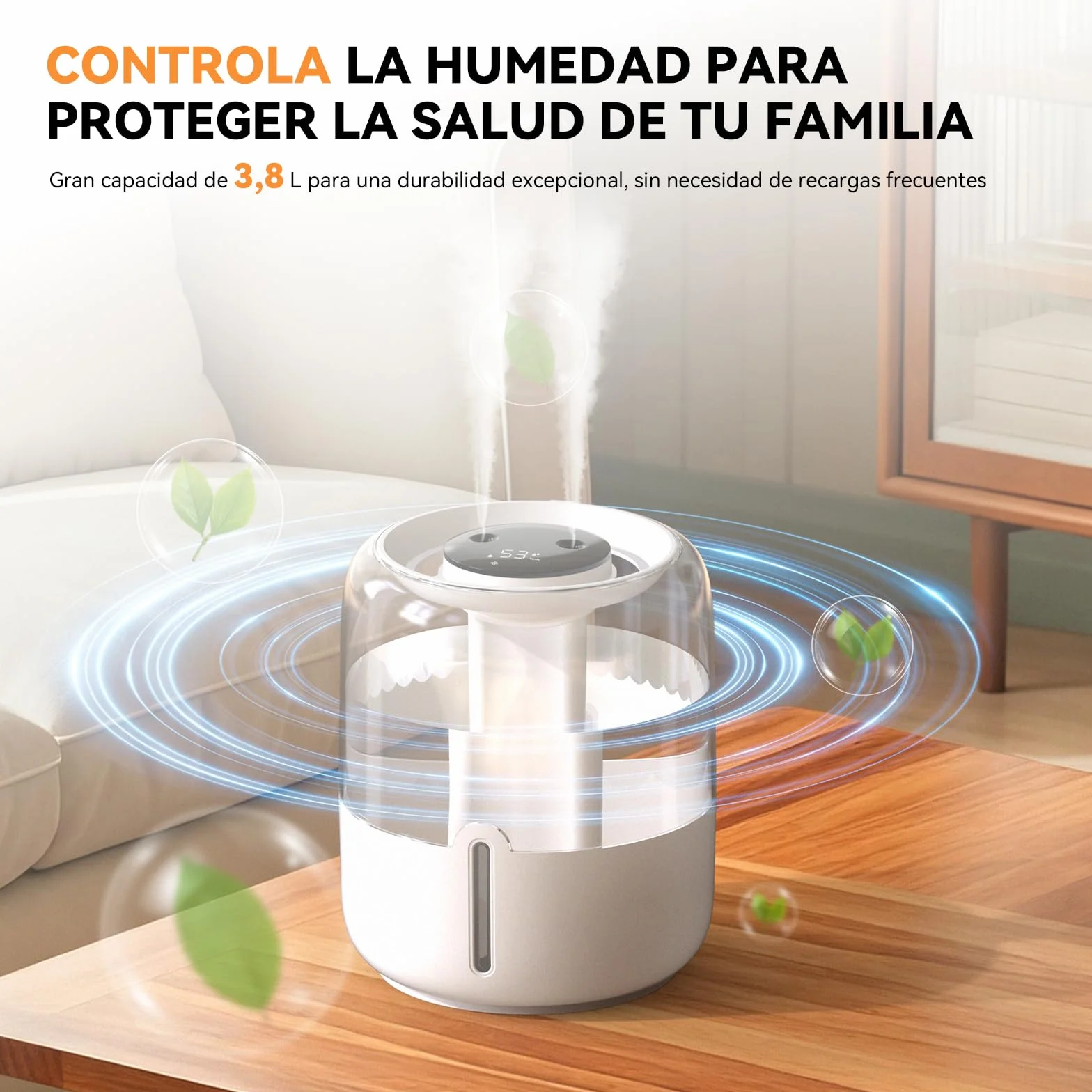 Humidificador 3.8L Top-Fill Silencioso 36dB 30H Autonomía Luz Nocturna Apagado Automático para Bebés y Plantas