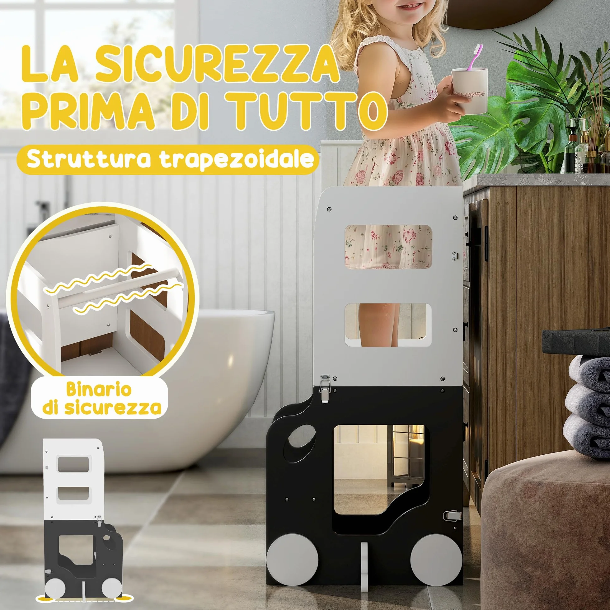 AIYAPLAY Torre de Aprendizaje Montessori 4 en 1 Taburete para Niños +3 Años 58x46x92 cm Blanco y Gris