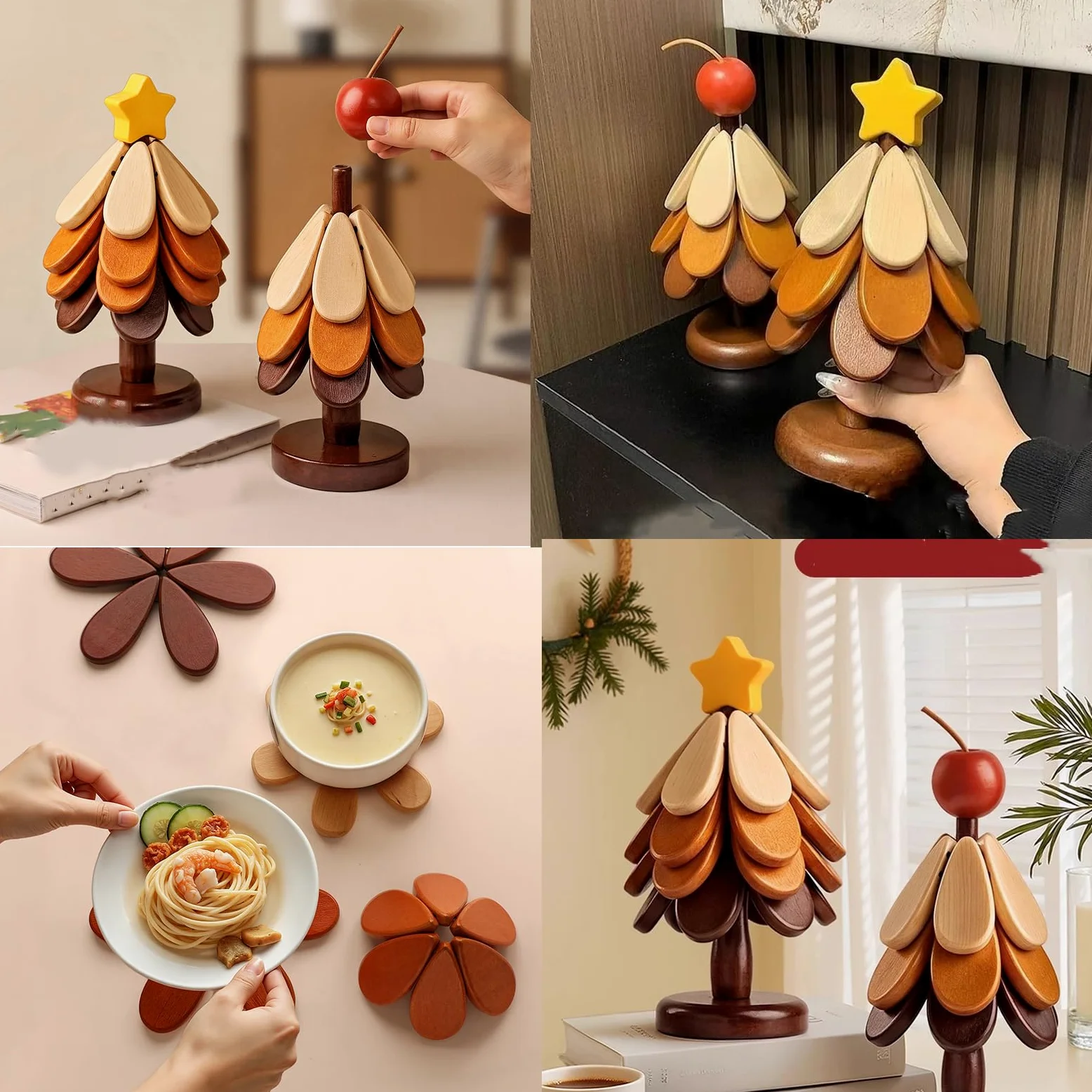 Juego de manteles individuales de Navidad, salvamanteles de madera, posavasos, salvamanteles de madera para platos calientes, soporte para sartén caliente, juego de salvamanteles para árbol de Navidad