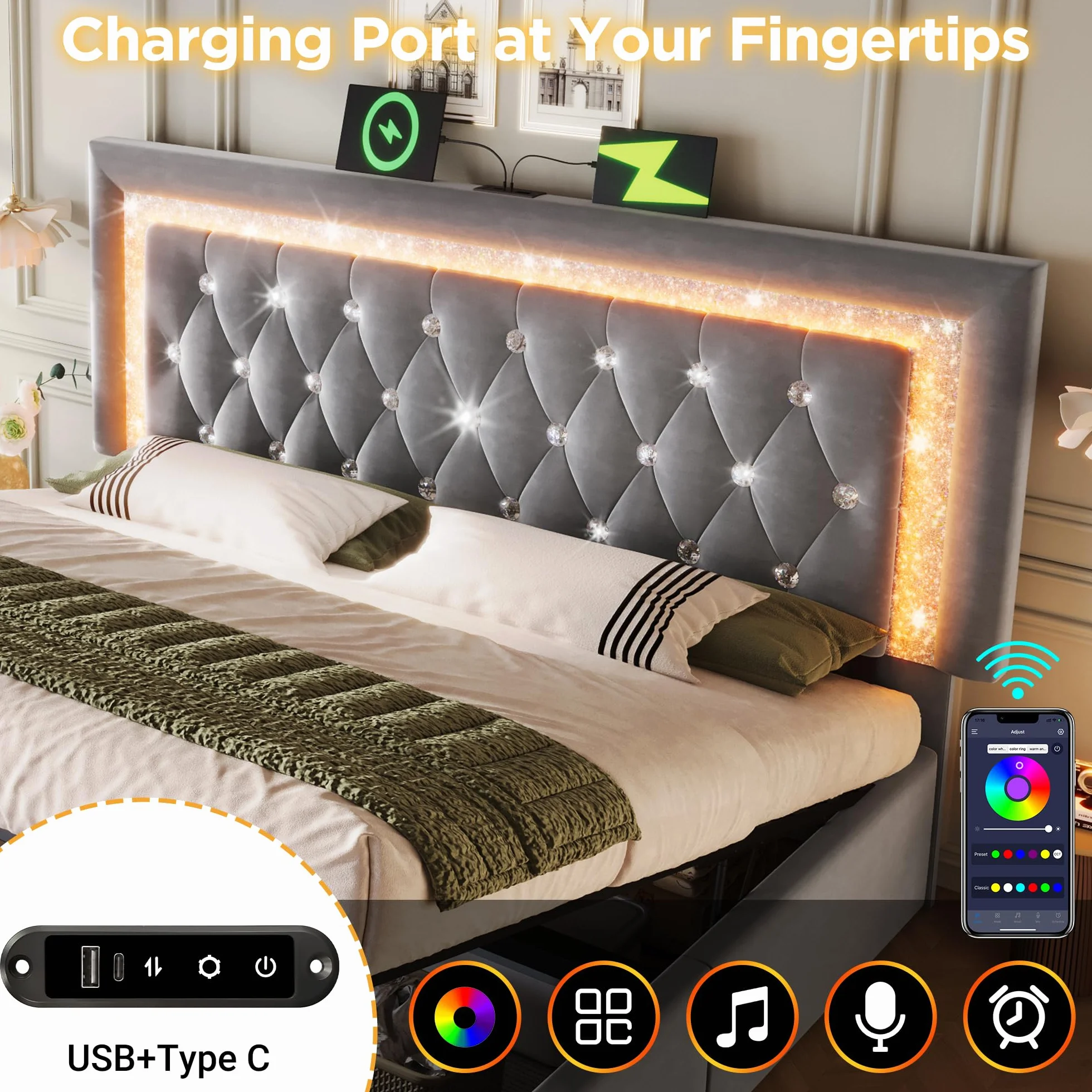 Cama Tapizada Matrimonio 140x200 cm con Cabecero LED y Carga USB, Camas Juveniles con Almacenaje Hidráulico, Camas Matrimoniales con Lamas de Madera, Terciopelo, Sin Colchón, Gris