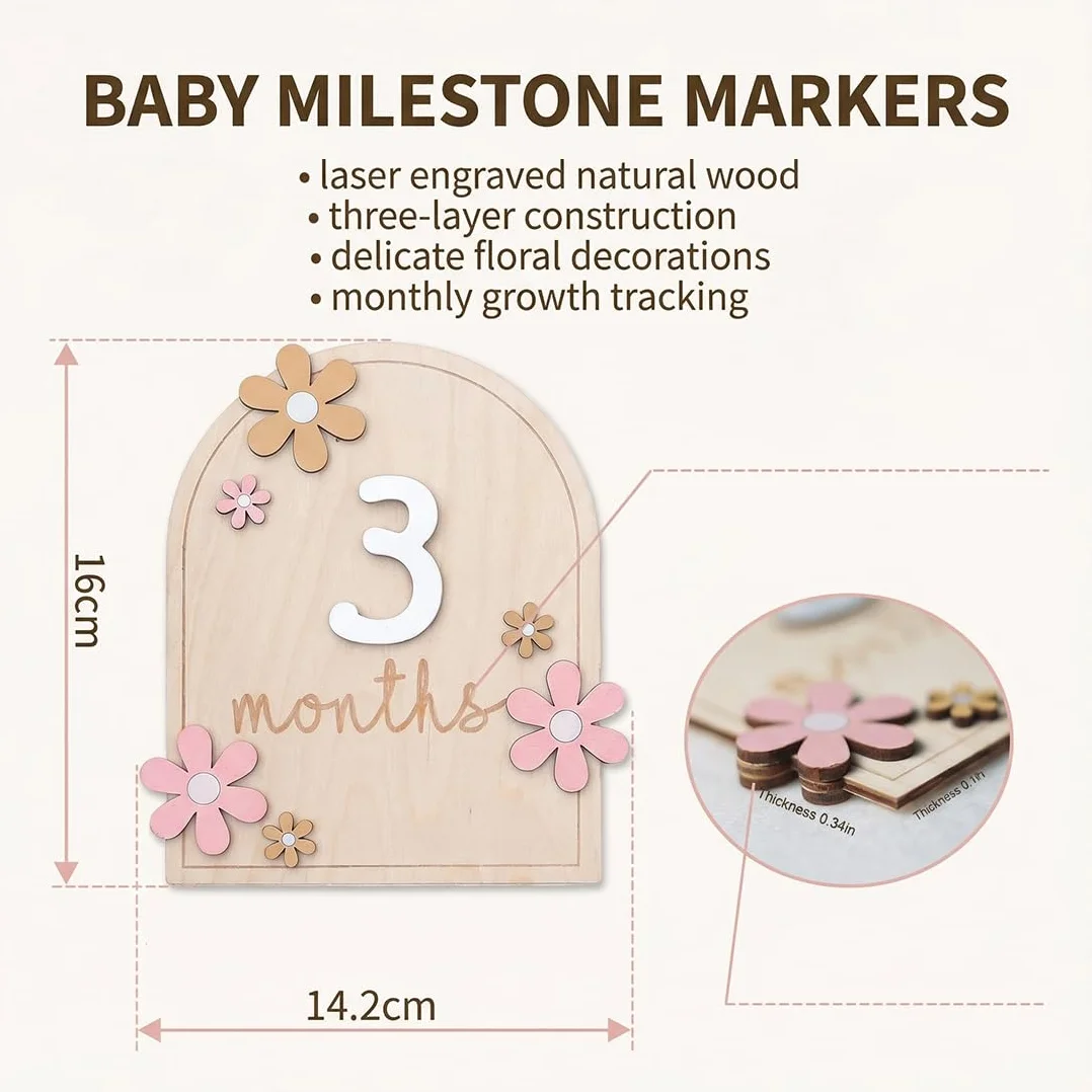Tarjetas de Hitos Mensuales para Bebé 0-12 Meses, Estilo Floral de Madera, Accesorios para Fotos de Baby Shower