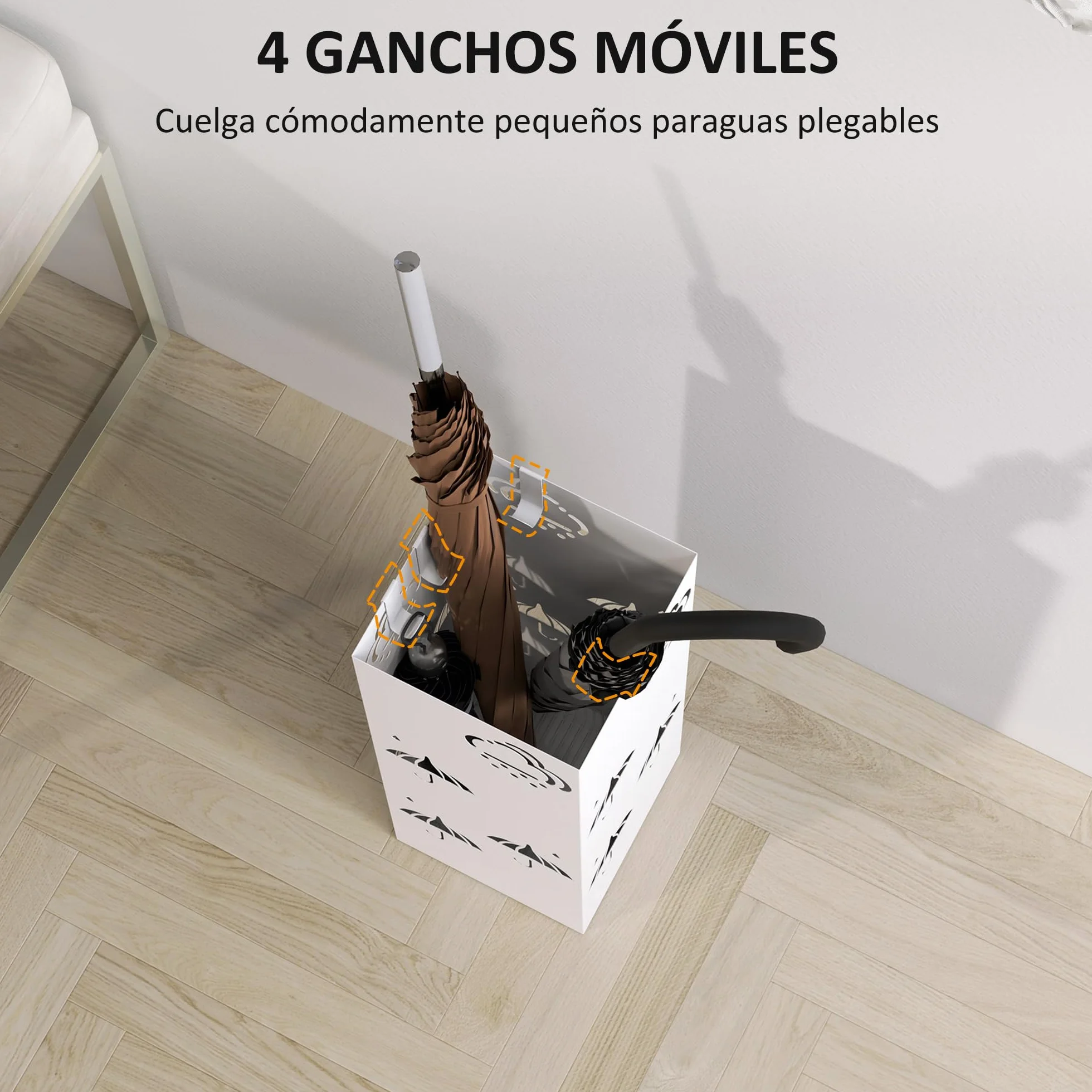 HOMCOM Paragüero de Acero Soporte Paraguas 4 Ganchos Bandeja Goteo Extraíble Blanco Entrada Oficina 15,5x15,5x41 cm