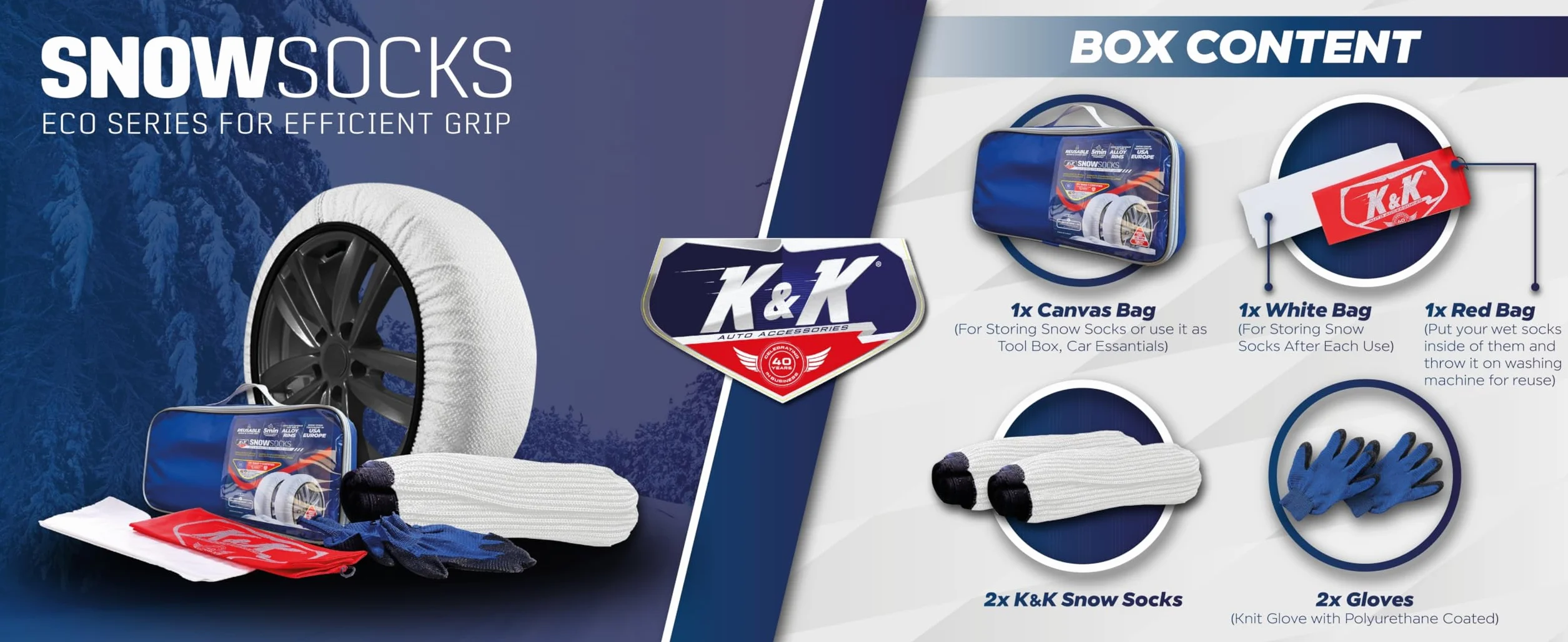 KNK Boutique Calcetines de Nieve para neumáticos de automoción - Serie Eco para una Alternativa de Agarre eficiente para Cadenas de Nieve para neumáticos - Dispositivo de tracción para Nieve(Grande)