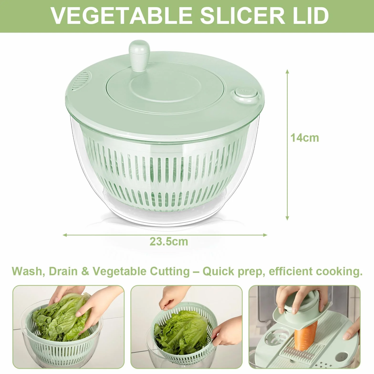 VINATO Centrifugadora Lechuga 4,5L, Mandolina de Cocina Multiusos, Escurridor Verduras para Lavar, Centrifugar y Cortar. Ensaladera con 5 Cuchillas + 1 Accesorio para Zumos.