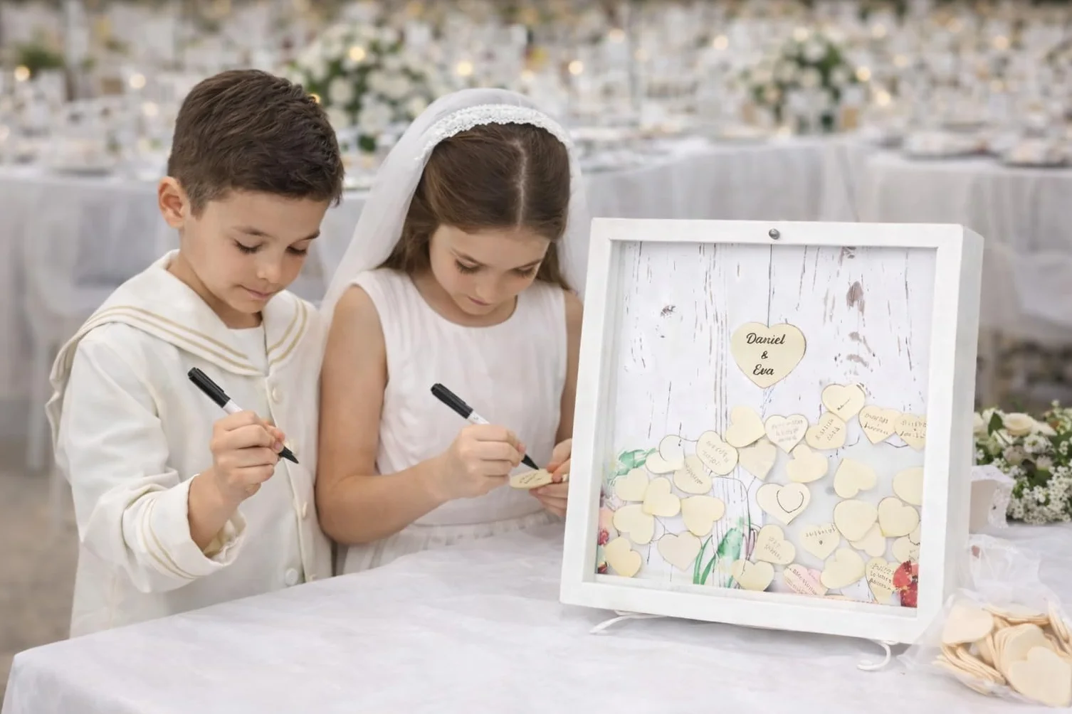 Didart Handmade Libro de visitas Boda. Firma Invitados, Tamaño 36 x 36 cm.80 Corazones Boda, Comunión, Bautizo. Marco de Madera blanco con Soporte de Hierro