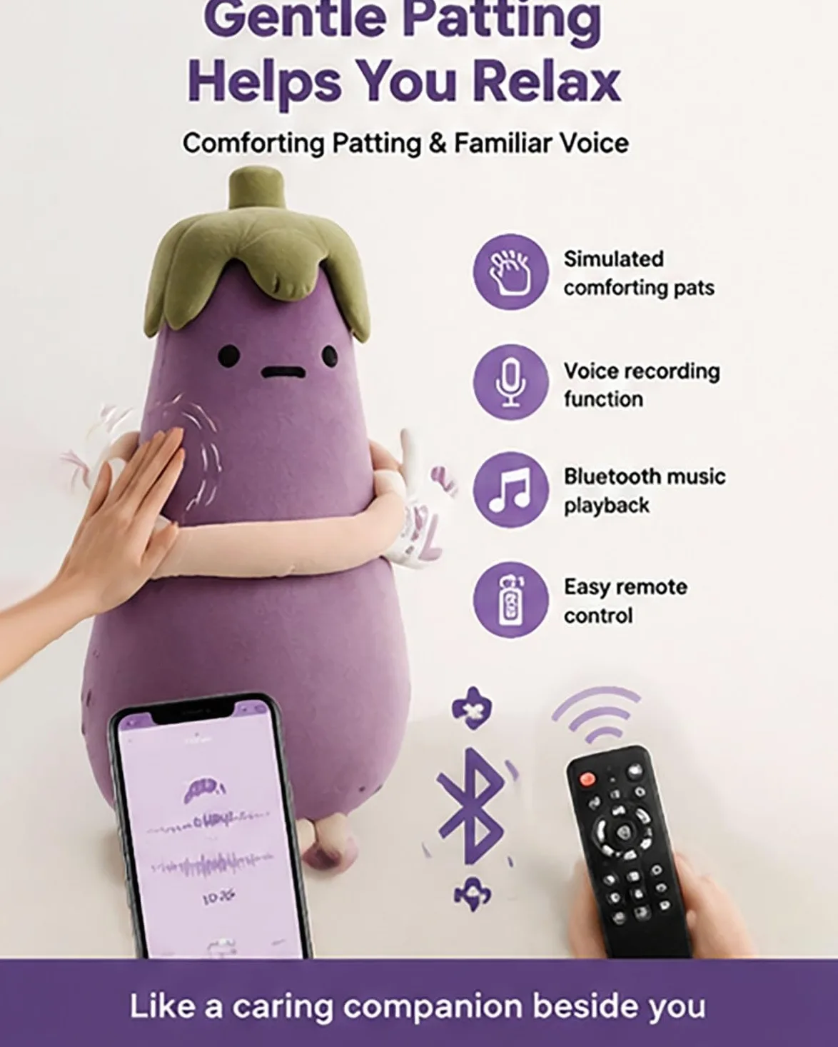 Almohada Inteligente de Berenjena/Mango Extra Grande for Ayudar a Dormir, Almohada de Felpa con calefacción y Control Remoto, for sofá Cama(Purple Basic Model,M)